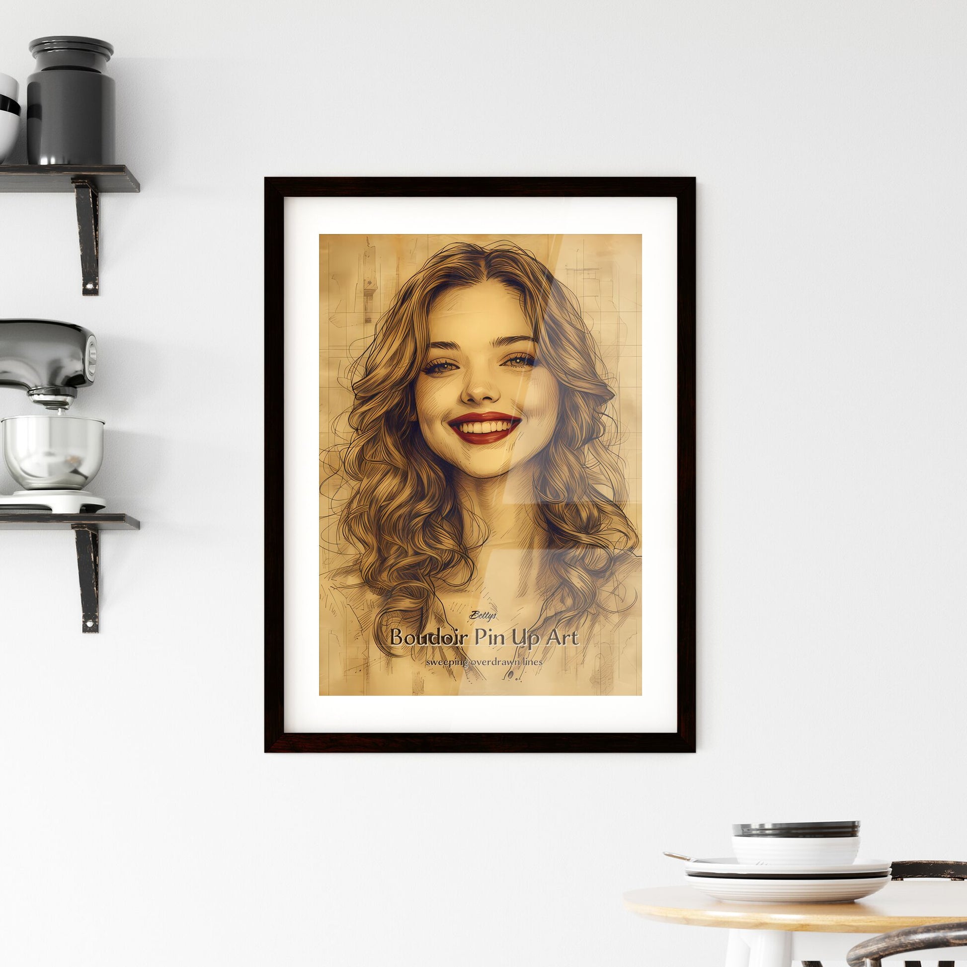 Bettys, Boudoir Pin Up Art, sweeping overdrawn lines, A Poster of a woman with long curly hair smiling Default Title