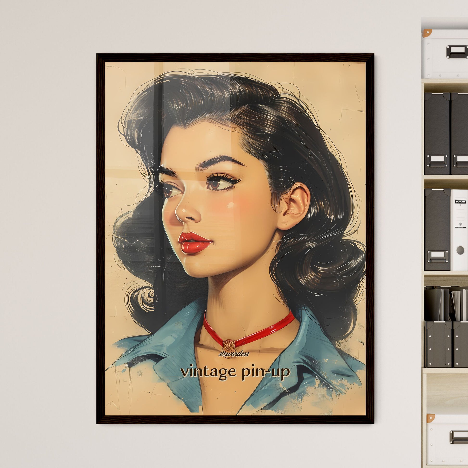 stewardess, vintage pin-up, A Poster of a woman with long black hair and red necklace Default Title