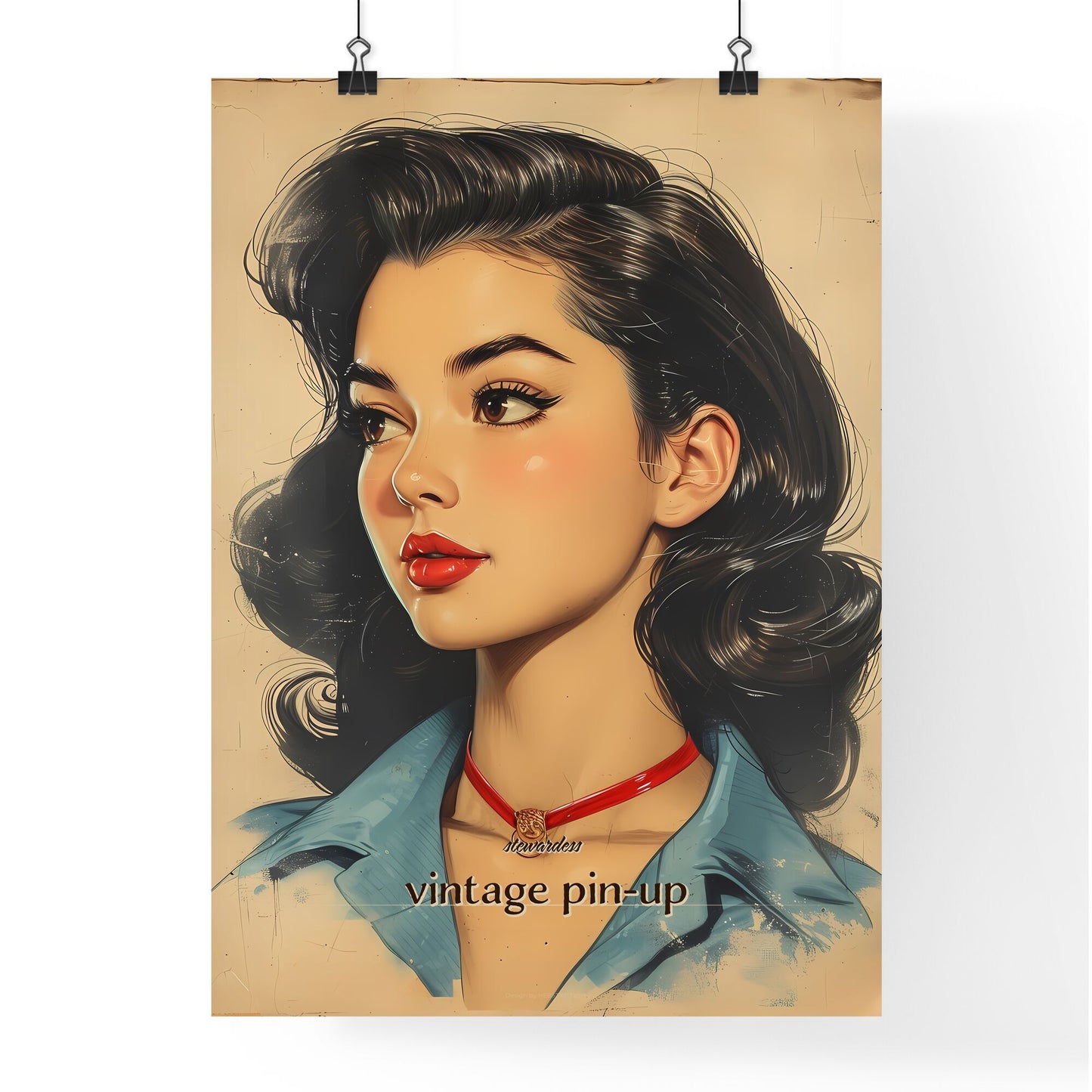 stewardess, vintage pin-up, A Poster of a woman with long black hair and red necklace Default Title