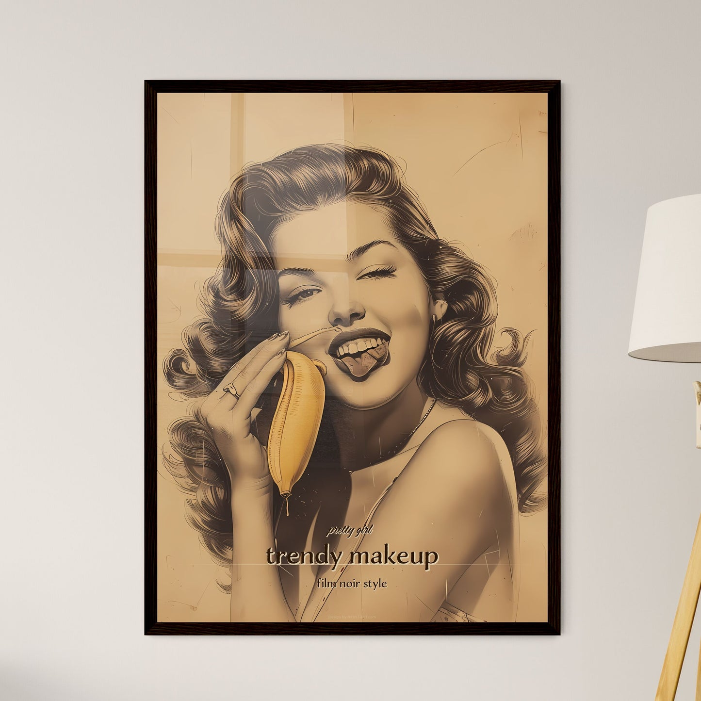 pretty girl, trendy makeup, film noir style, A Poster of a woman holding a banana Default Title