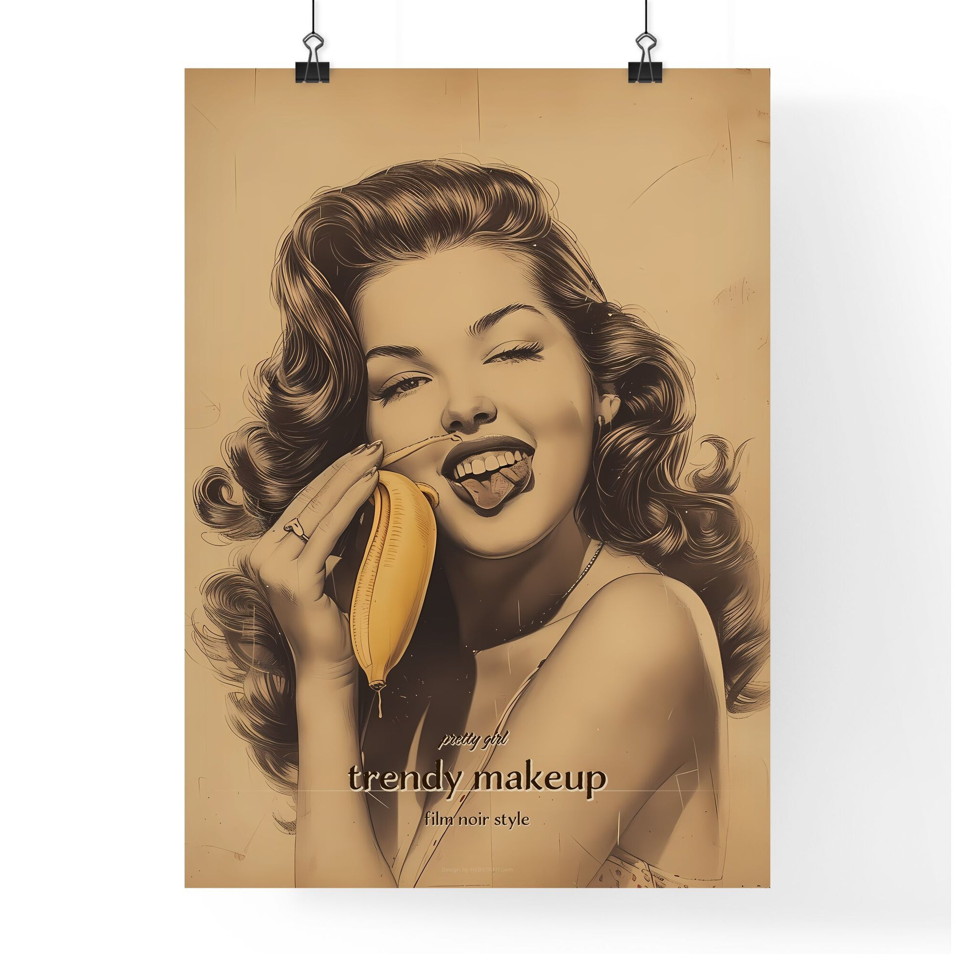 pretty girl, trendy makeup, film noir style, A Poster of a woman holding a banana Default Title