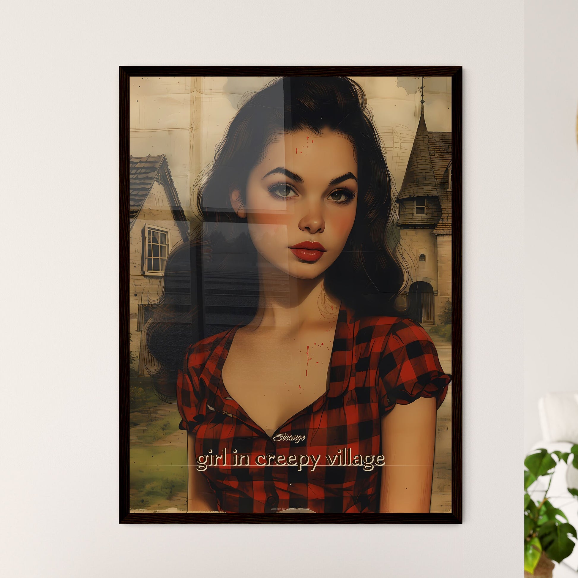 Strange, girl in creepy village, A Poster of a woman with long hair wearing a red and black plaid shirt Framed Art