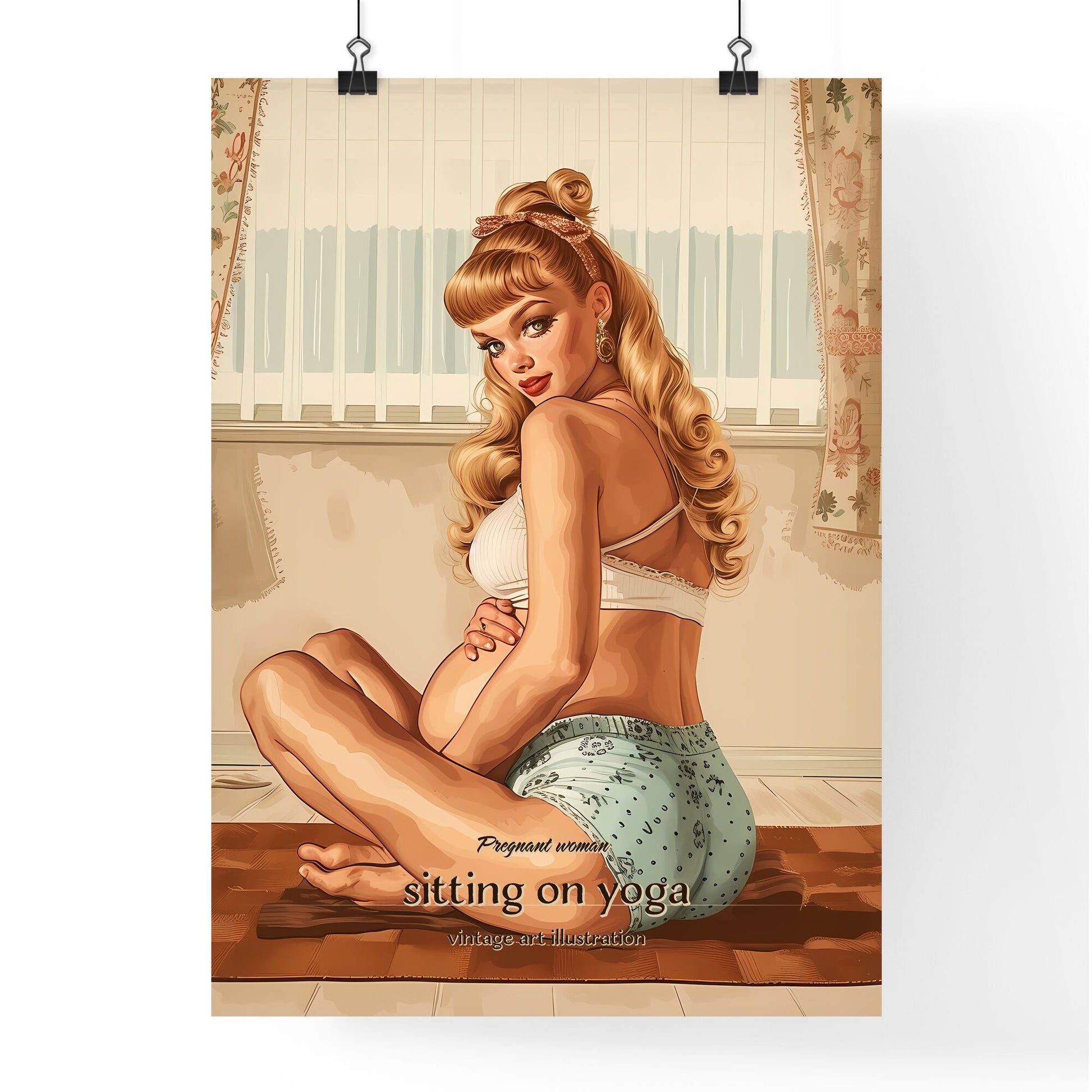 Pregnant woman, sitting on yoga, vintage art illustration, A Poster of a woman sitting on a rug Default Title