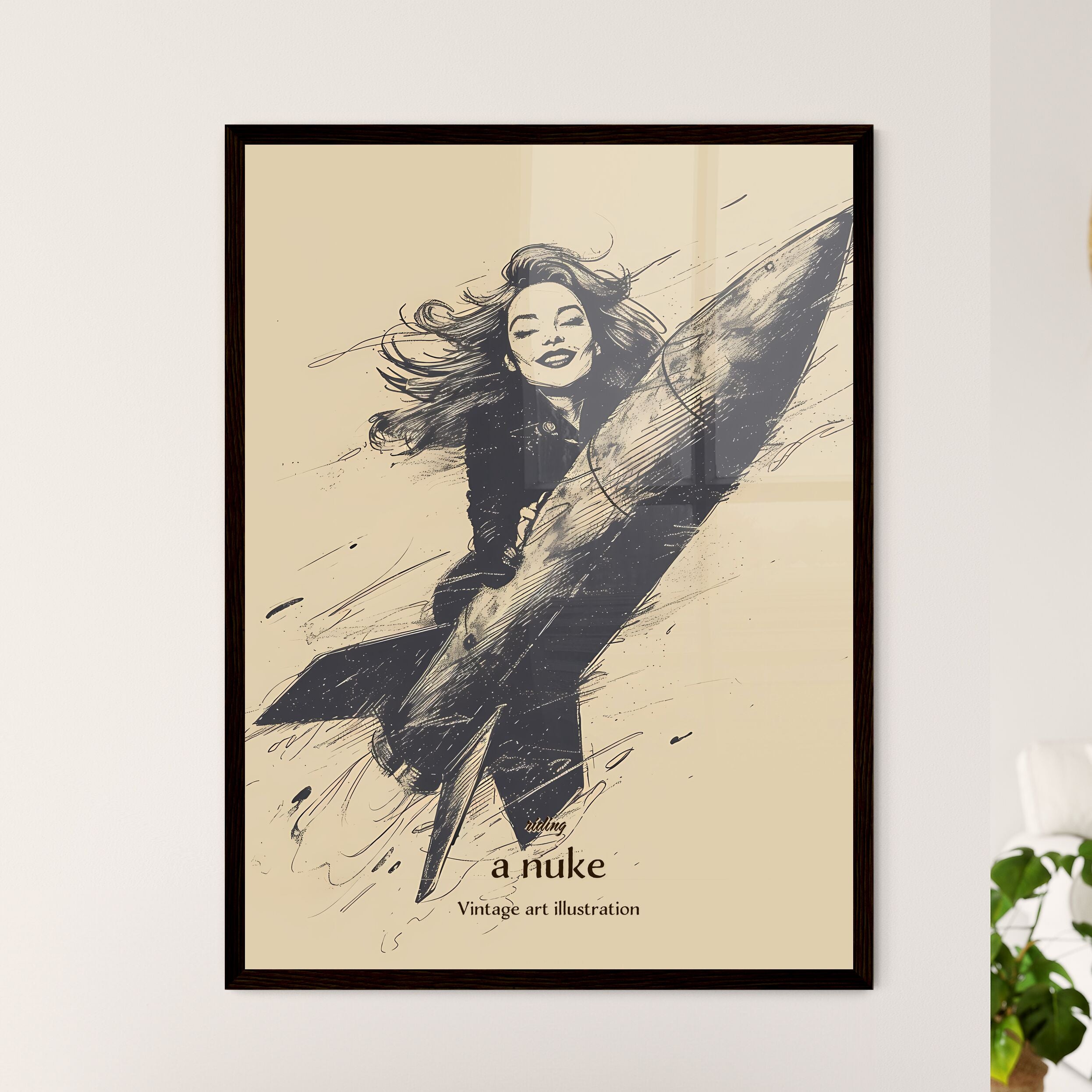 Person Riding Nuke riding, a nuke, Vintage art illustration, A Poster of a woman holding a ...