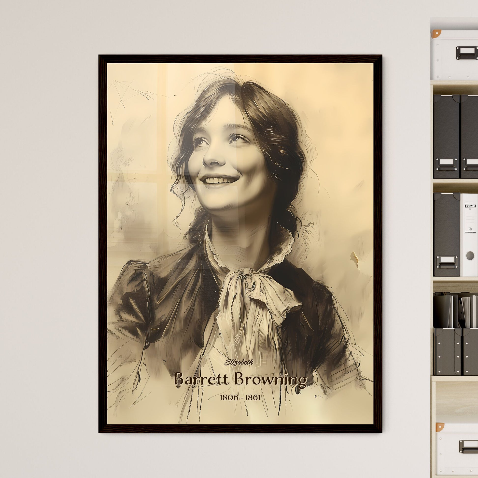 Elizabeth, Barrett Browning, 1806 - 1861, A Poster of a drawing of a woman smiling Default Title