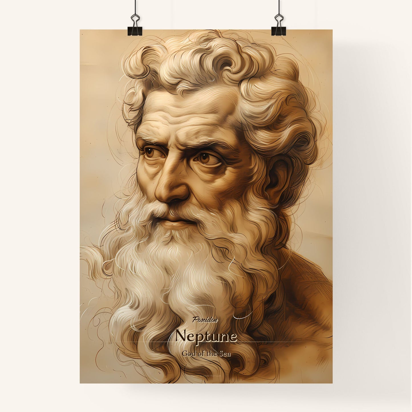 Poseidon, Neptune, God of the Sea, A Poster of a drawing of a man with a long beard Default Title