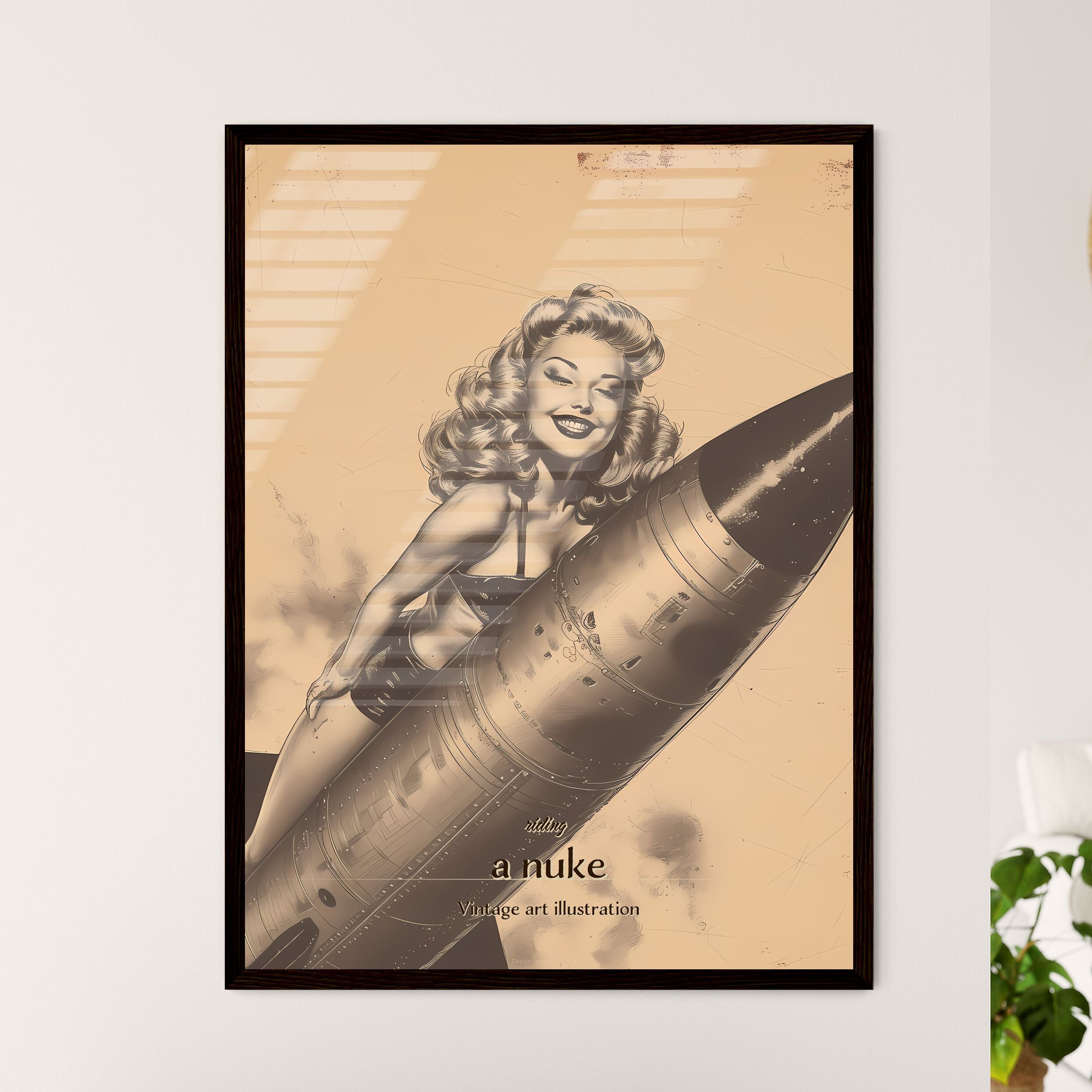 riding, a nuke, Vintage art illustration, A Poster of a woman in ...