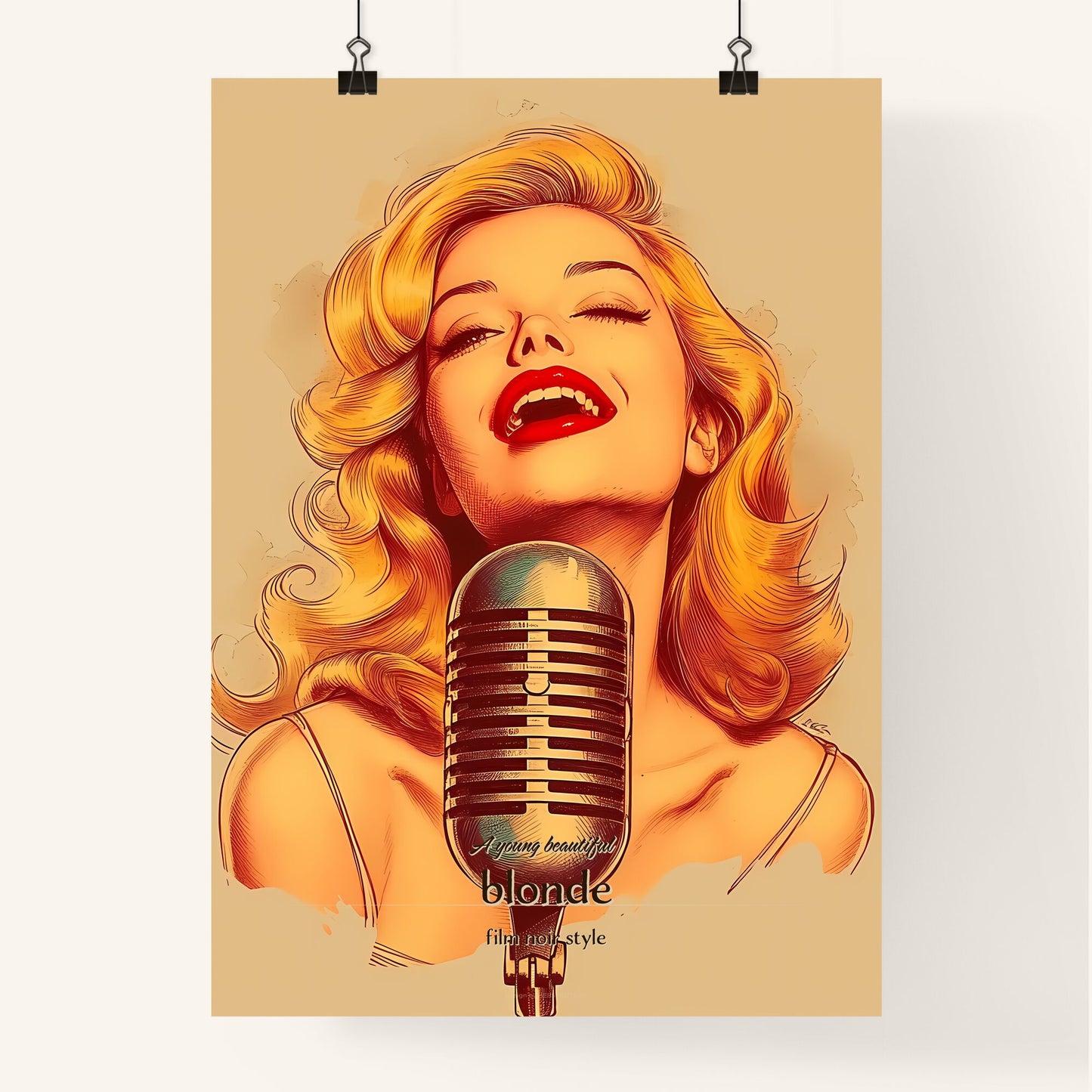 A young beautiful, blonde, film noir style, A Poster of a woman singing into a microphone Default Title