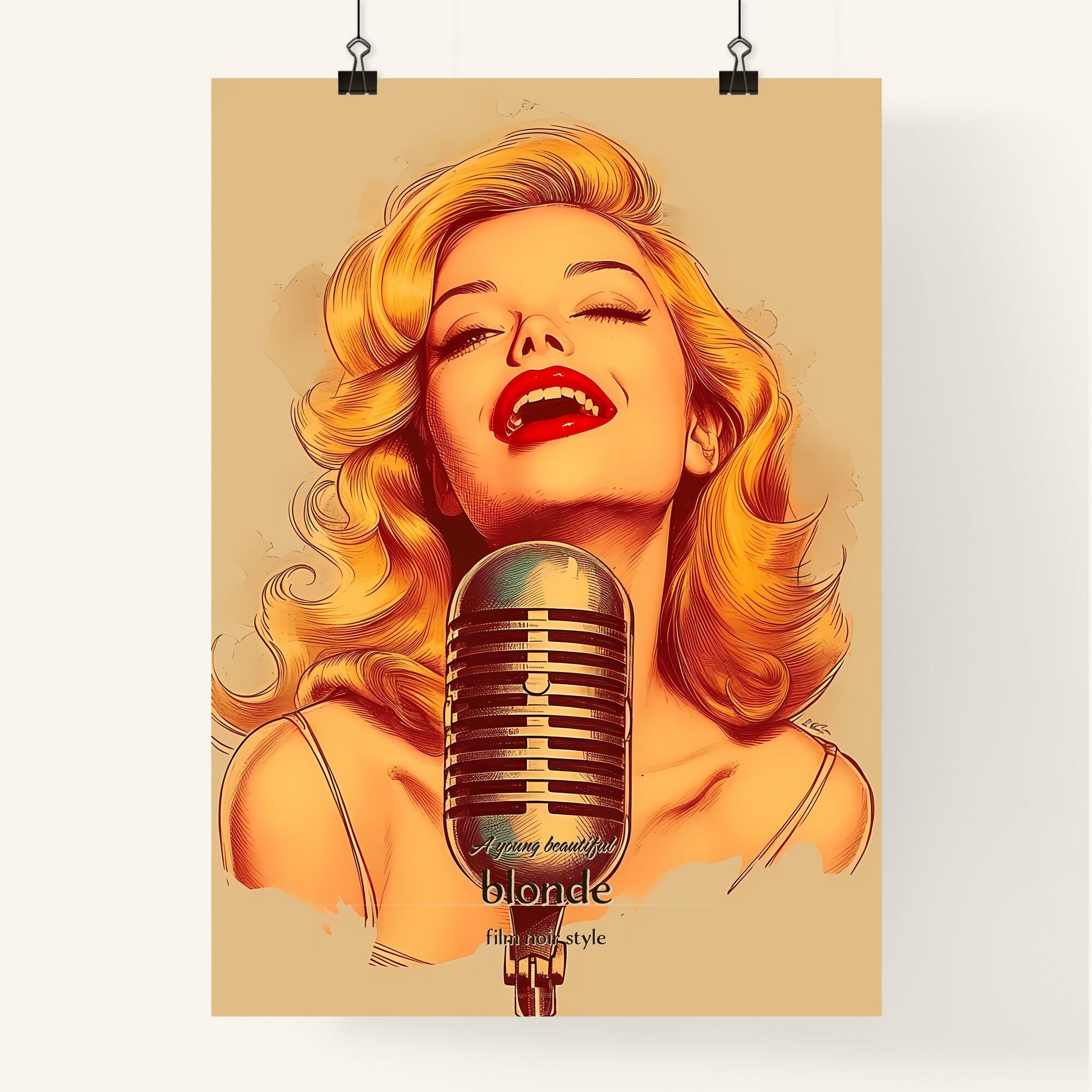 A young beautiful, blonde, film noir style, A Poster of a woman singing into a microphone Default Title