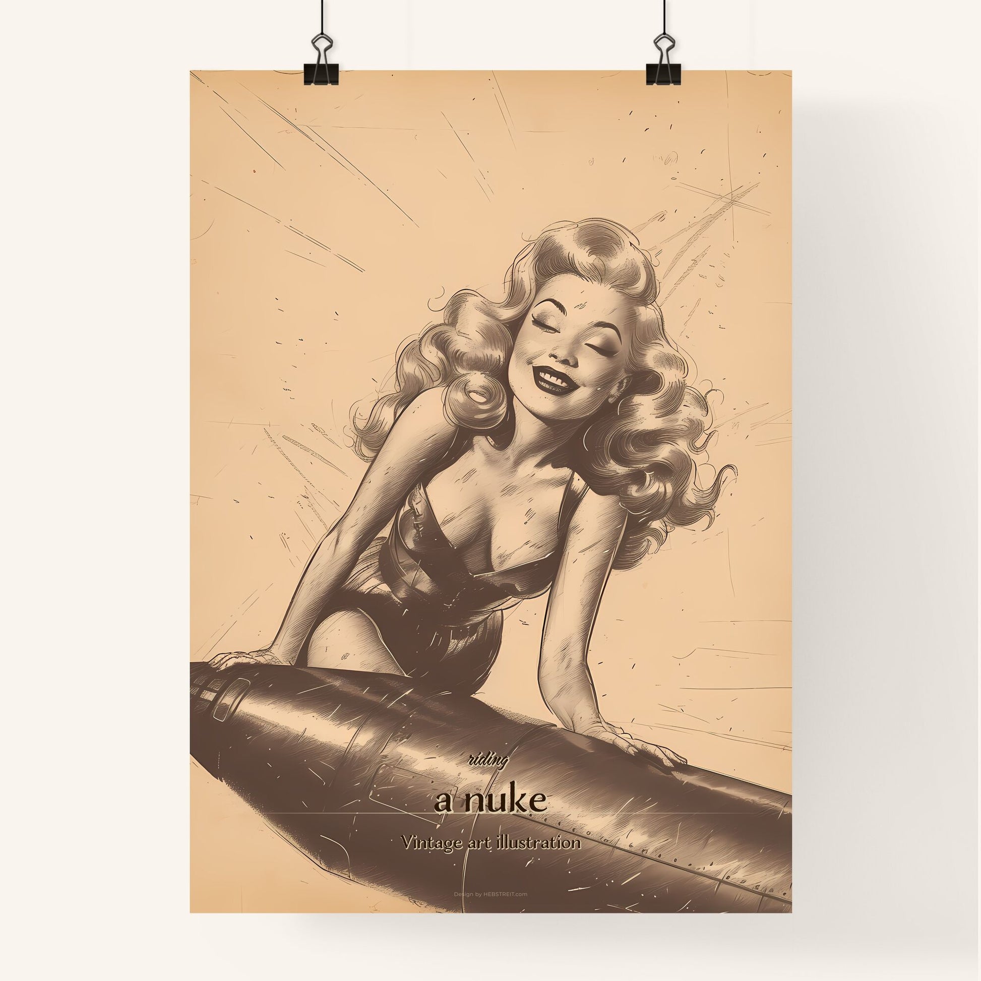 riding, a nuke, Vintage art illustration, A Poster of a woman leaning on a missile Default Title