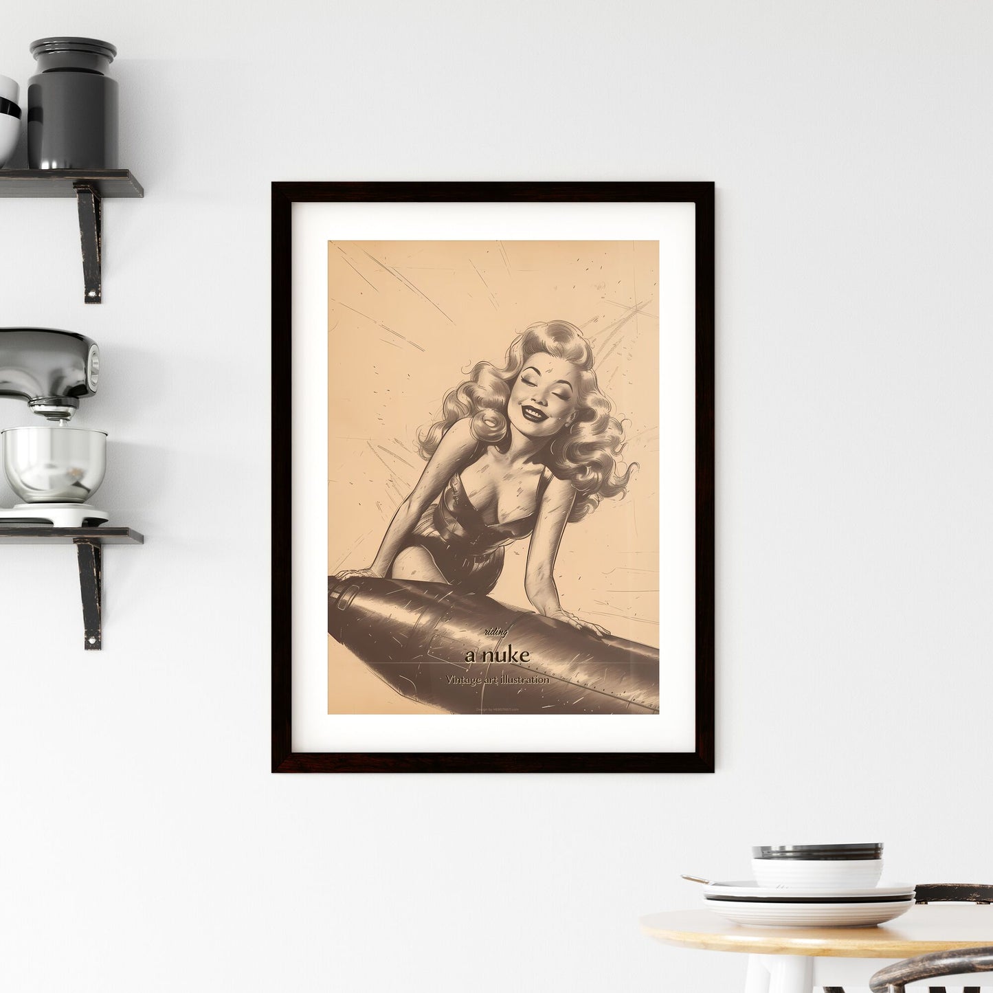 riding, a nuke, Vintage art illustration, A Poster of a woman leaning on a missile Default Title