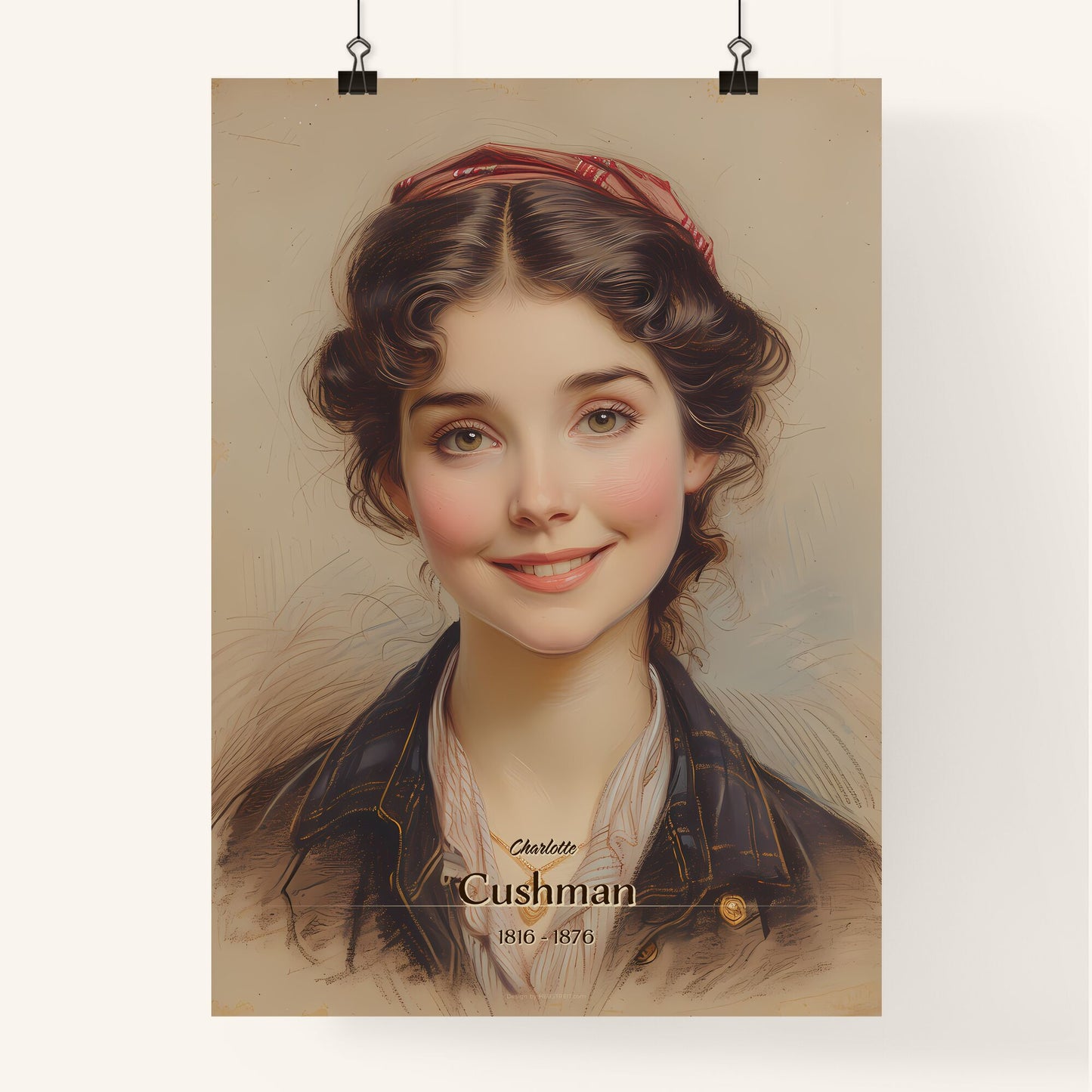 Charlotte, Cushman, 1816 - 1876, A Poster of a woman smiling with a red bow on her head Default Title