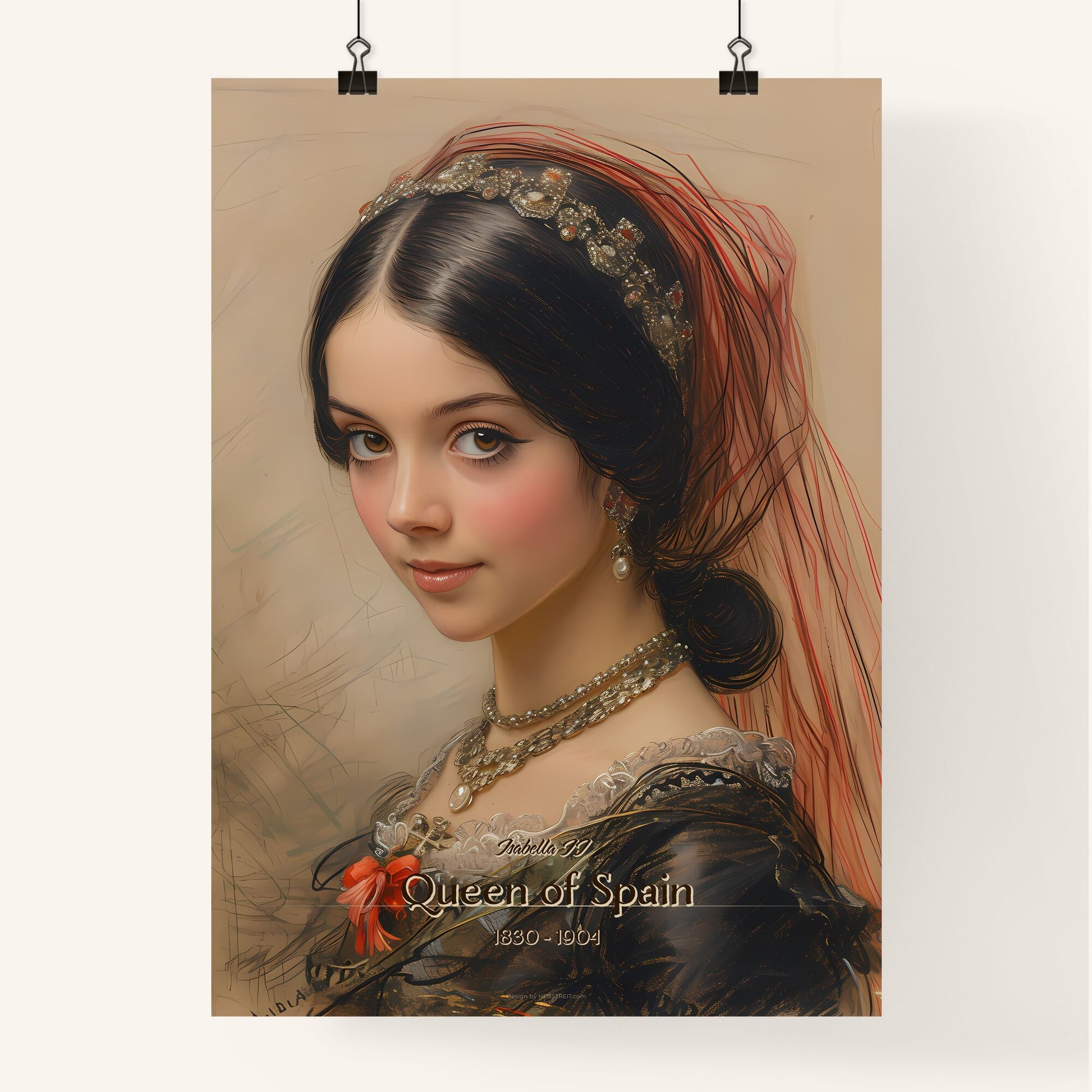 Isabella II, Queen of Spain, 1830 - 1904, A Poster of a woman with a veil and a necklace Default Title
