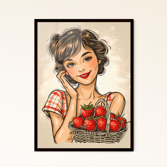 Happy, attracttive, sweeping overdrawn lines, A Poster of a woman holding a basket of strawberries Default Title