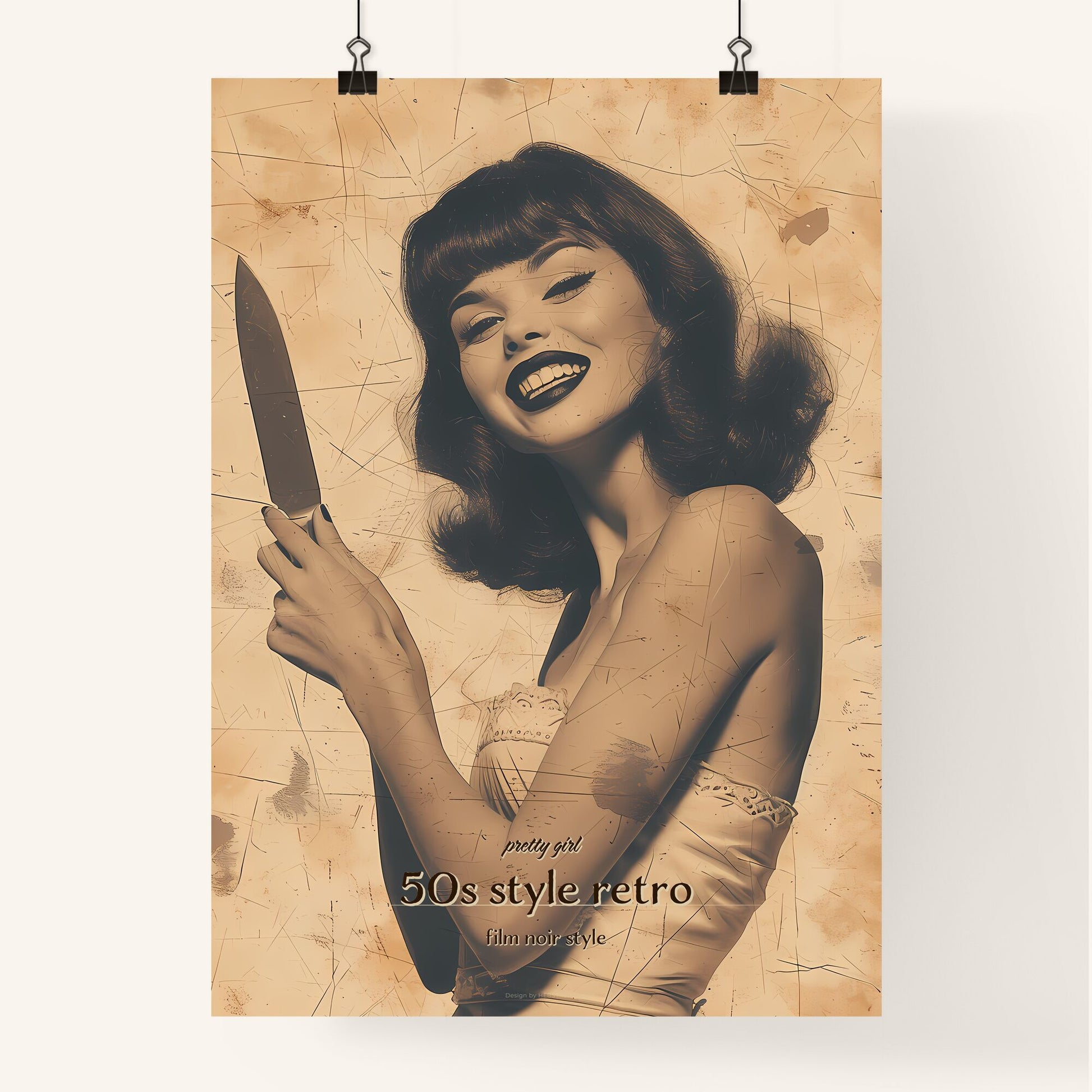 pretty girl, 50s style retro, film noir style, A Poster of a woman holding a knife Default Title