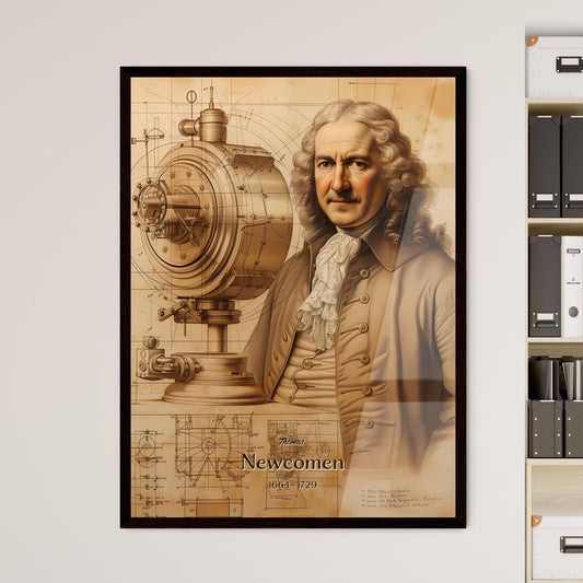 Thomas, Newcomen, 1664 - 1729, A Poster of a drawing of a man with a long curly hair and a large round machine Default Title