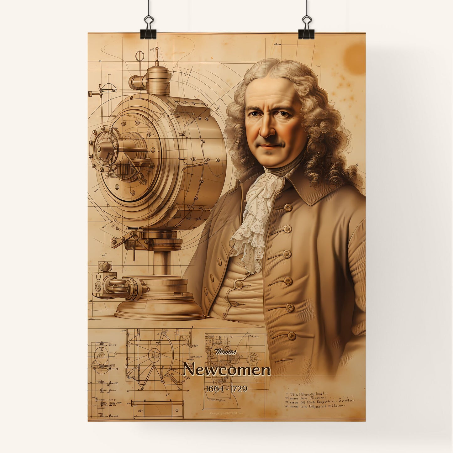 Thomas, Newcomen, 1664 - 1729, A Poster of a drawing of a man with a long curly hair and a large round machine Default Title