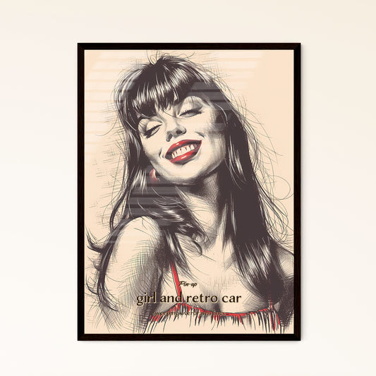 Pin-up, girl and retro car, sweeping overdrawn lines, A Poster of a woman with long hair and red lipstick smiling Default Title
