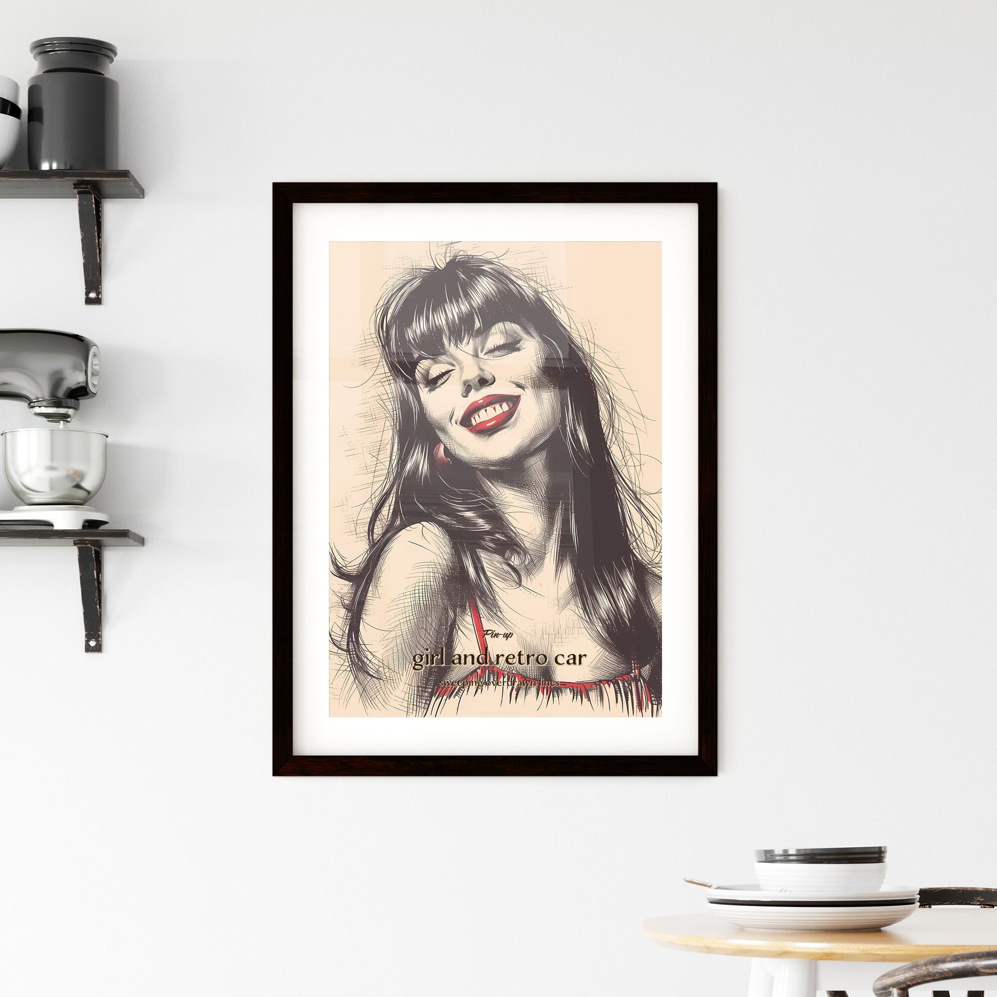 Pin-up, girl and retro car, sweeping overdrawn lines, A Poster of a woman with long hair and red lipstick smiling Default Title
