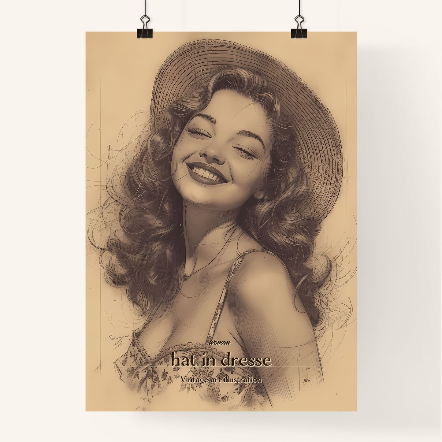 woman, hat in dresse, Vintage art illustration, A Poster of a woman with long hair wearing a hat and smiling Default Title