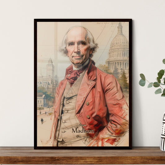 James, Madison, 1751 - 1836, A Poster of a man in a red coat Framed Art