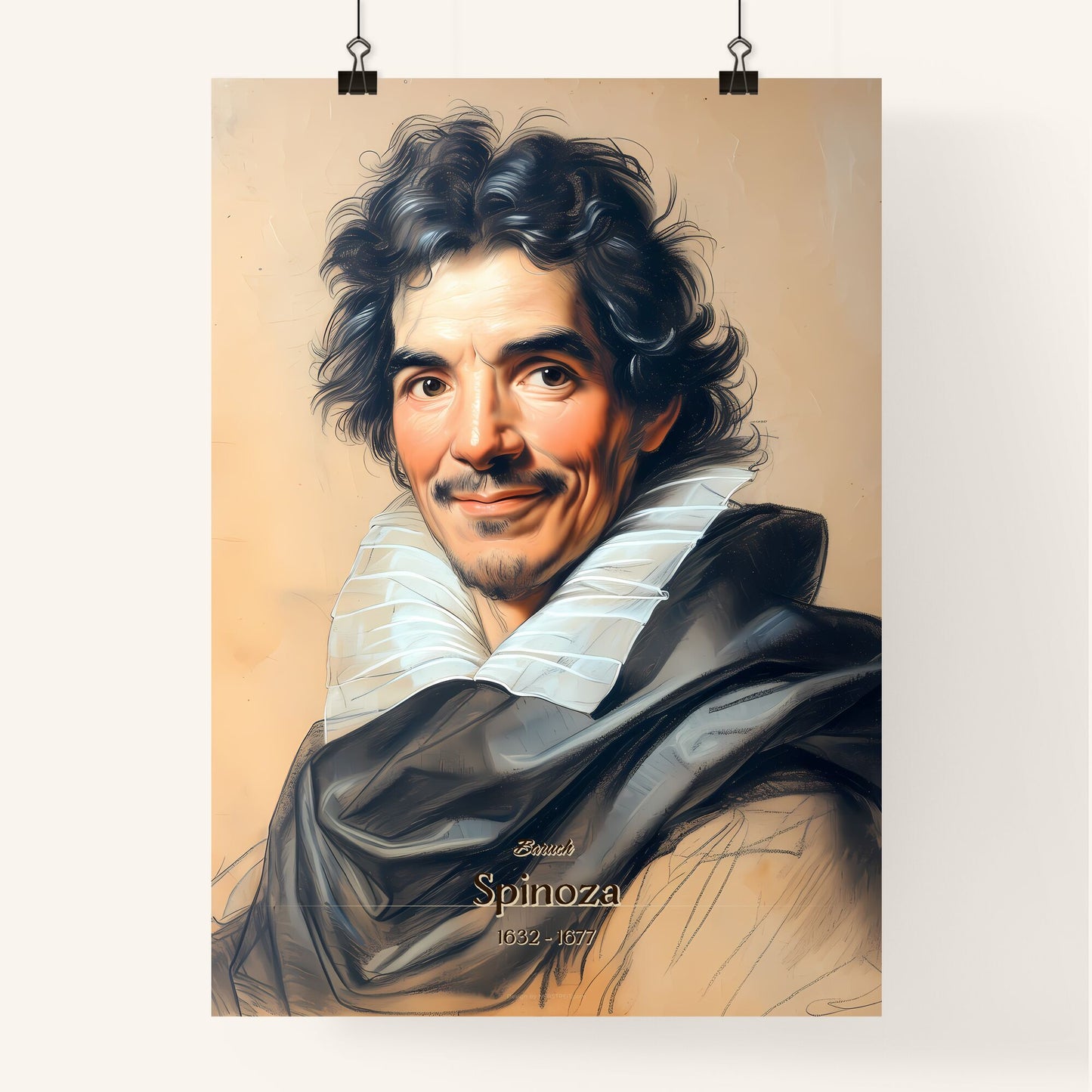 Baruch, Spinoza, 1632 - 1677, A Poster of a man with a mustache and curly hair wearing a black and white ruffled collar Default Title