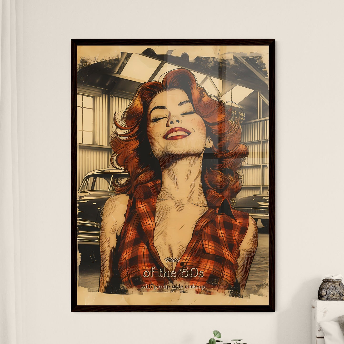 Model, of the '50s, with pin-up style makeup, A Poster of a woman with red hair and red lips Default Title