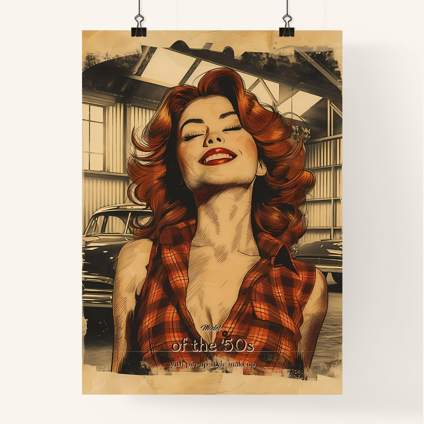 Model, of the '50s, with pin-up style makeup, A Poster of a woman with red hair and red lips Default Title