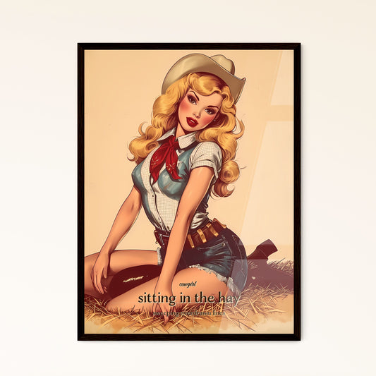 cowgirl, sitting in the hay, sweeping overdrawn lines, A Poster of a woman in a cowboy hat Default Title