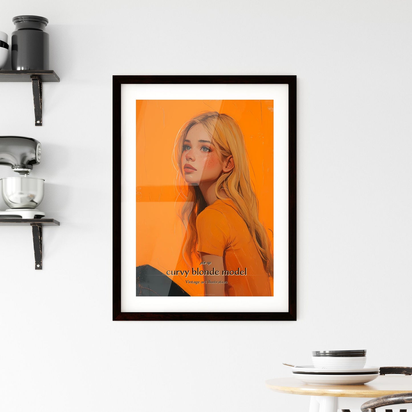 pin-up, curvy blonde model, Vintage art illustration, A Poster of a woman with long blonde hair and orange background Default Title
