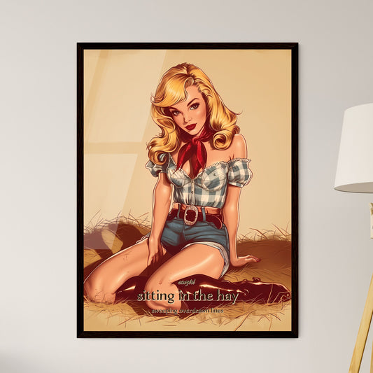 cowgirl, sitting in the hay, sweeping overdrawn lines, A Poster of a woman sitting on hay Default Title