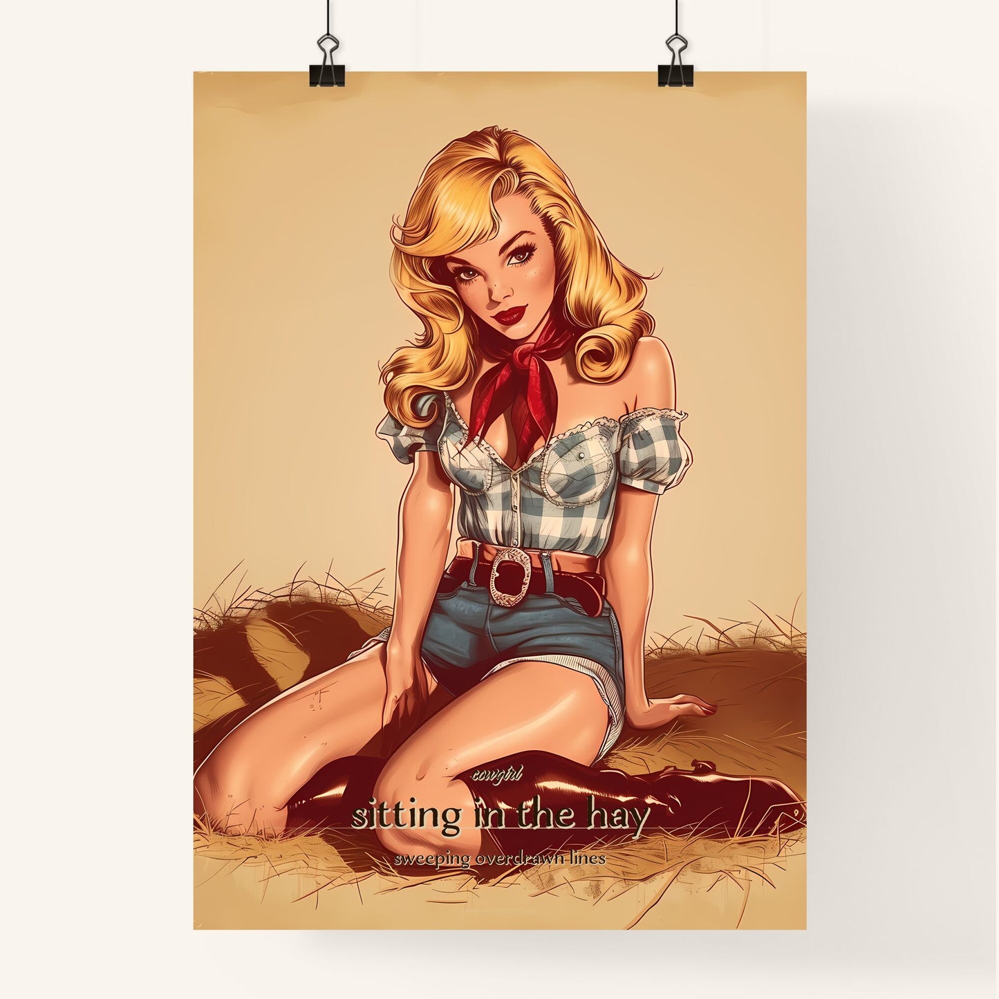 cowgirl, sitting in the hay, sweeping overdrawn lines, A Poster of a woman sitting on hay Default Title