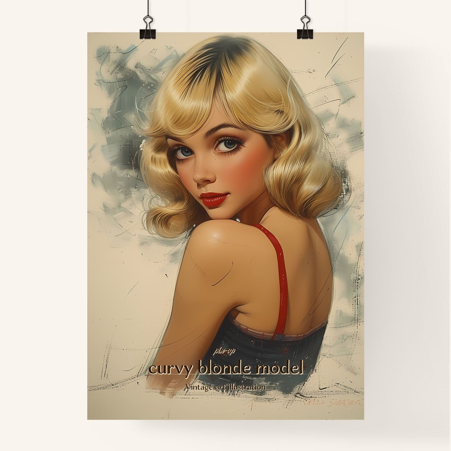 pin-up, curvy blonde model, Vintage art illustration, A Poster of a woman with blonde hair and red lipstick Default Title