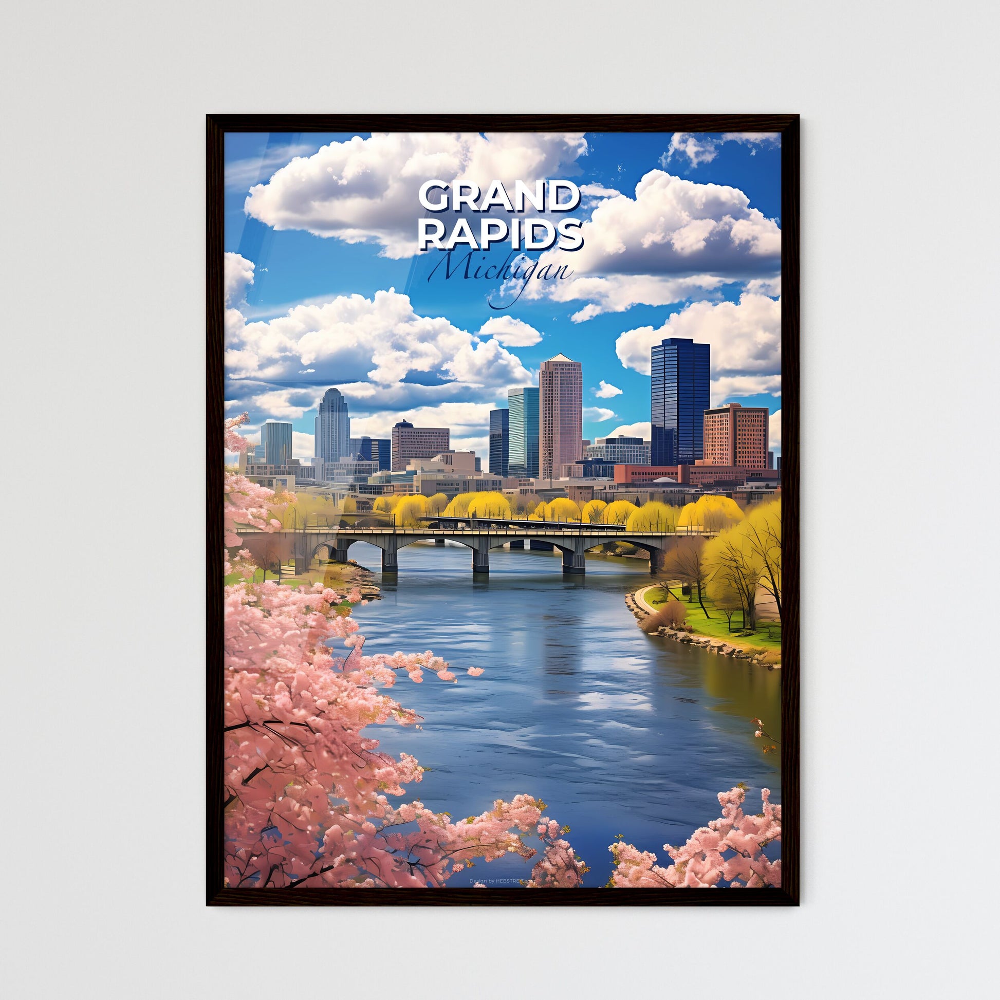 Grand Rapids, Michigan, A Poster of a river with a bridge and trees in front of a city Default Title