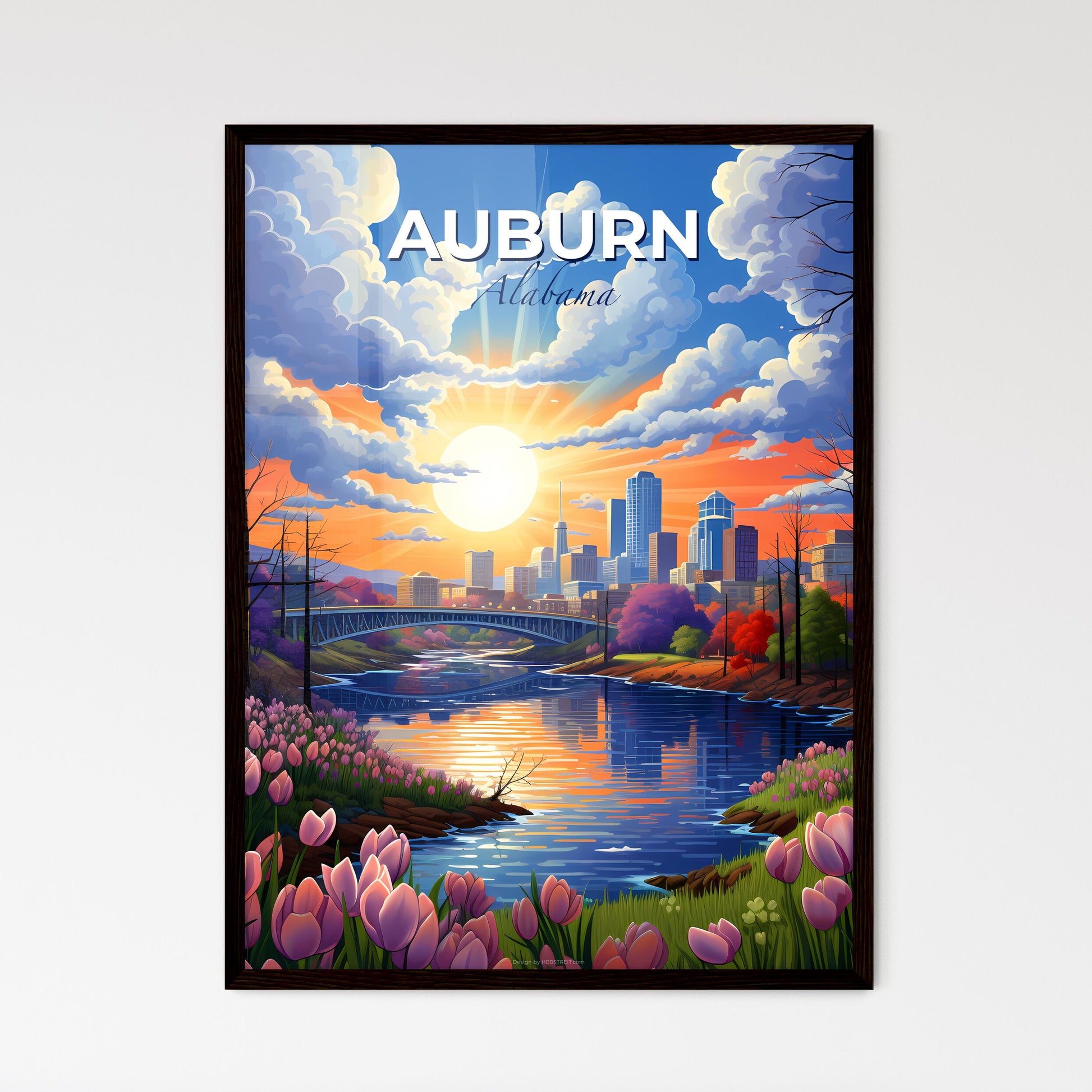 Auburn, Alabama, A Poster of a river with a bridge and flowers in front of a city Default Title