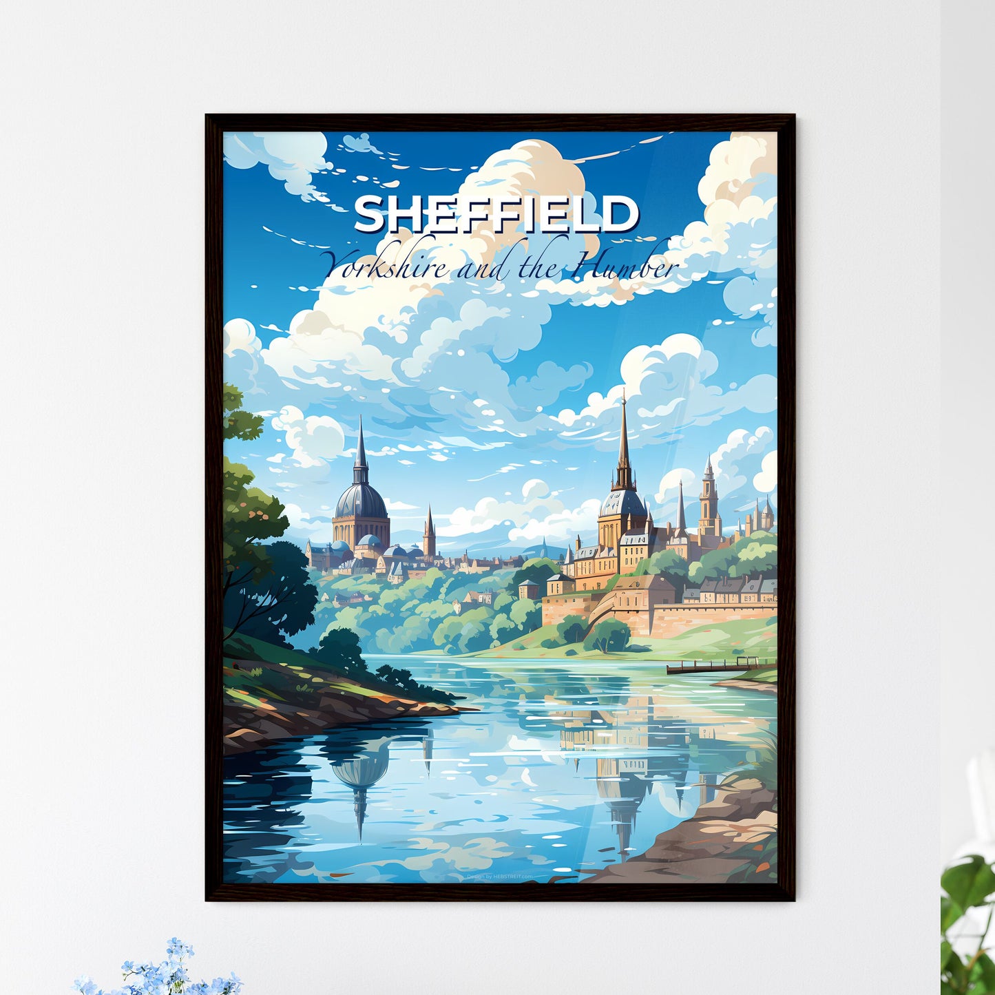 Sheffield, Yorkshire and the Humber, A Poster of a river with trees and buildings Default Title