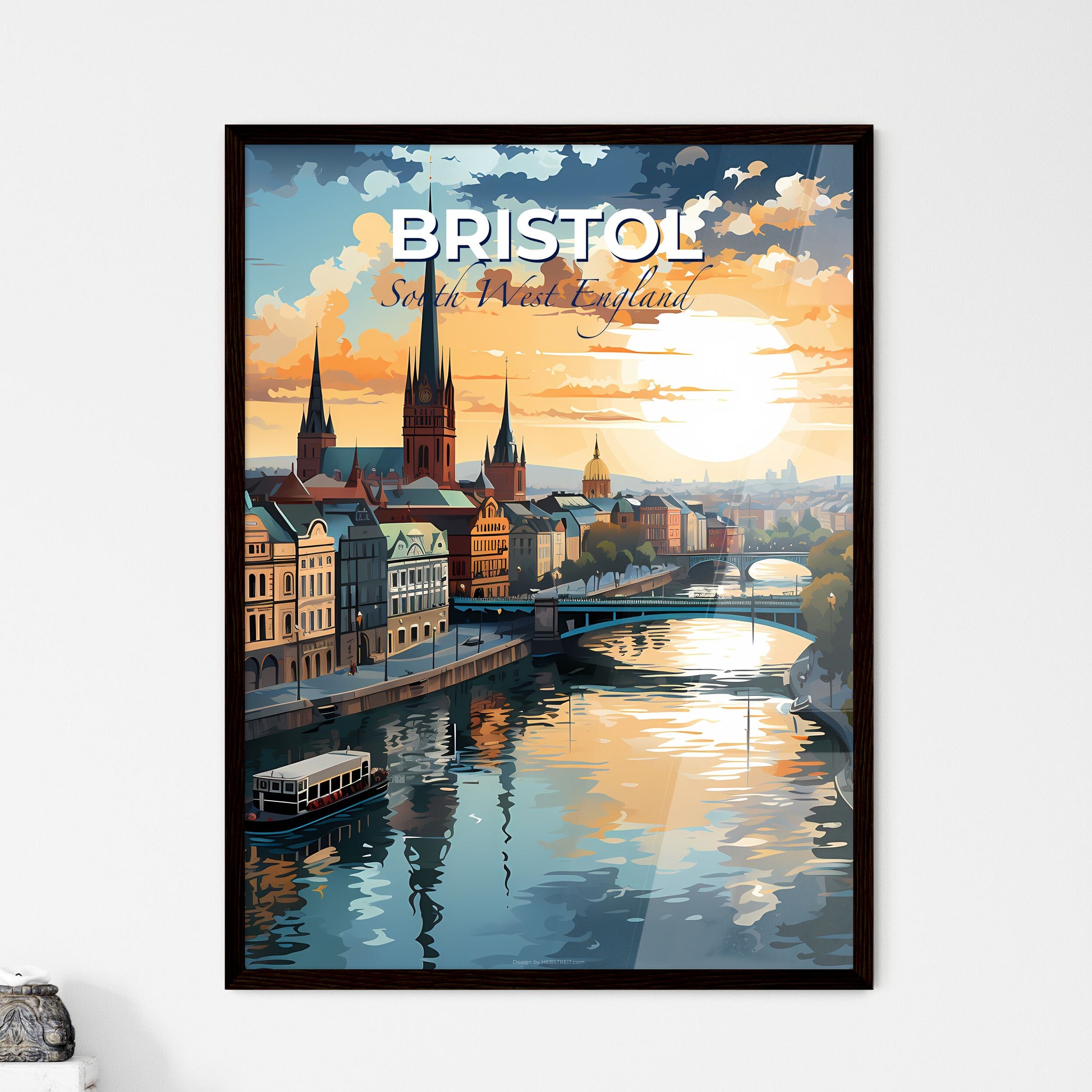 Bristol, South West England, A Poster of a river with a bridge and a city with a boat Default Title