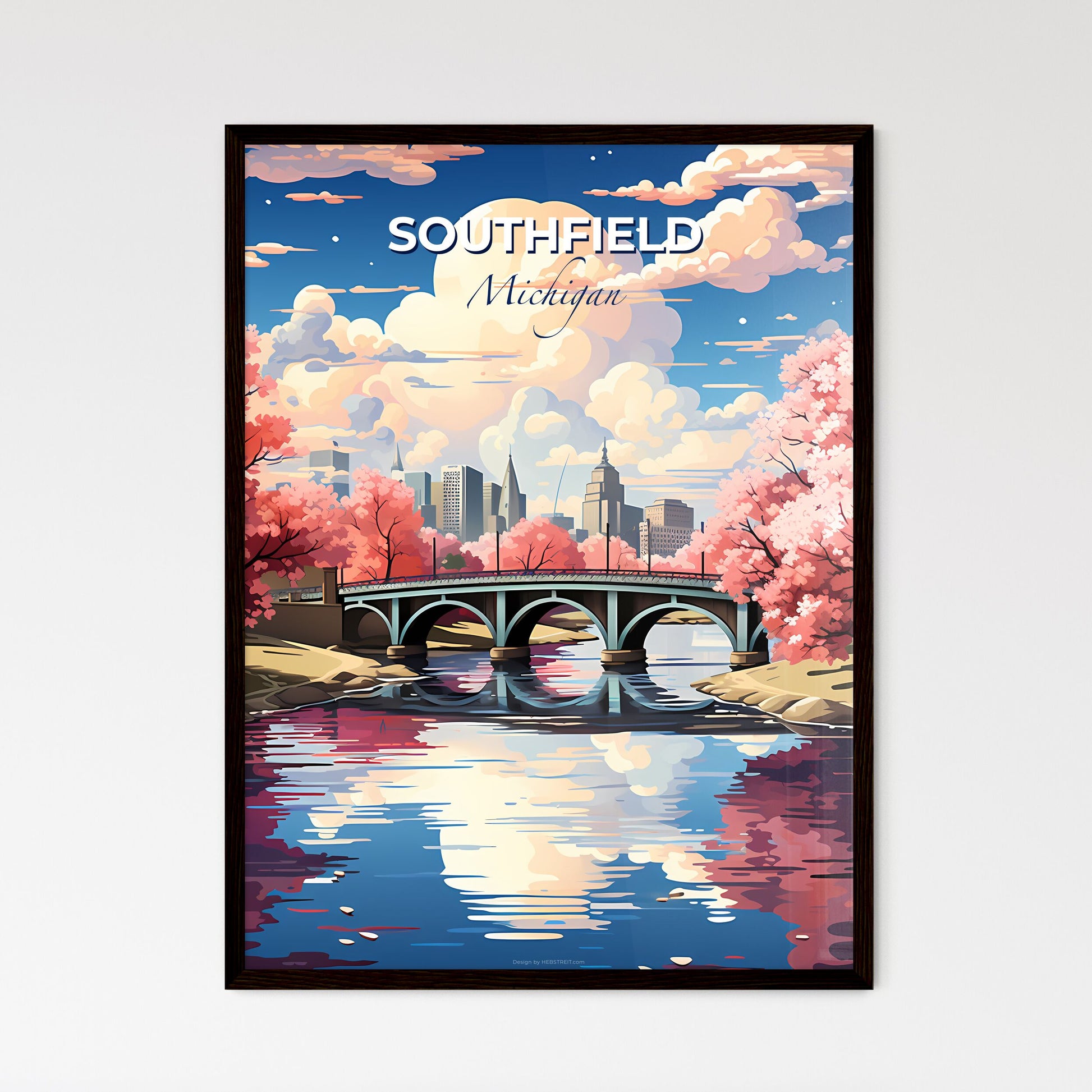 Southfield, Michigan, A Poster of a bridge over a river with pink trees Default Title
