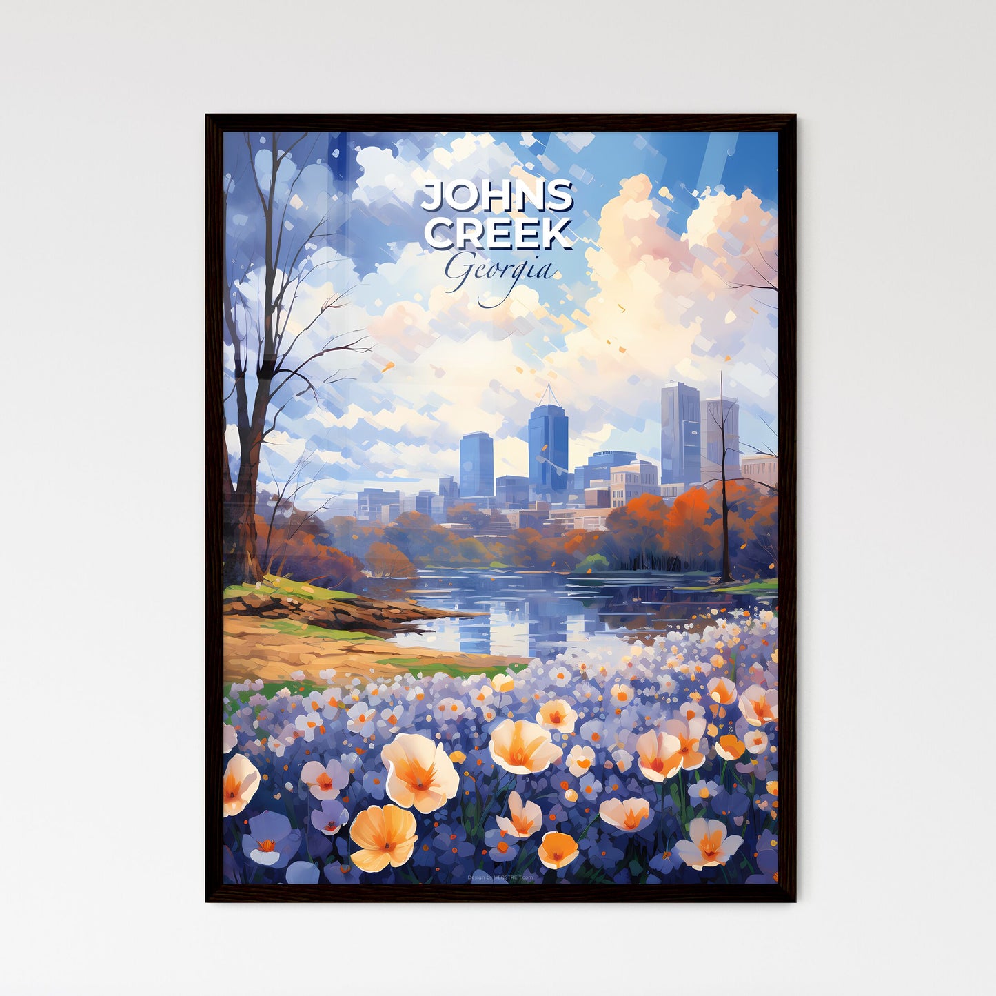 Johns Creek, Georgia, A Poster of a painting of a city with a river and flowers Default Title