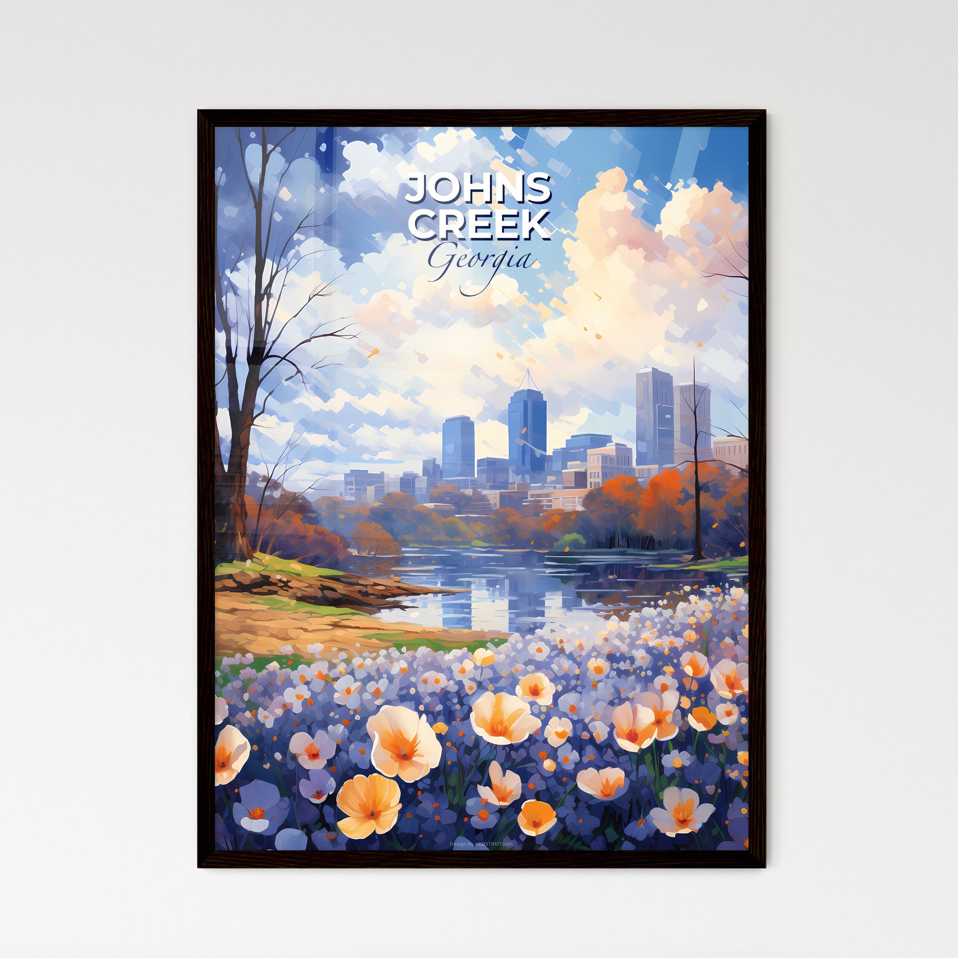 Johns Creek, Georgia, A Poster of a painting of a city with a river and flowers Default Title