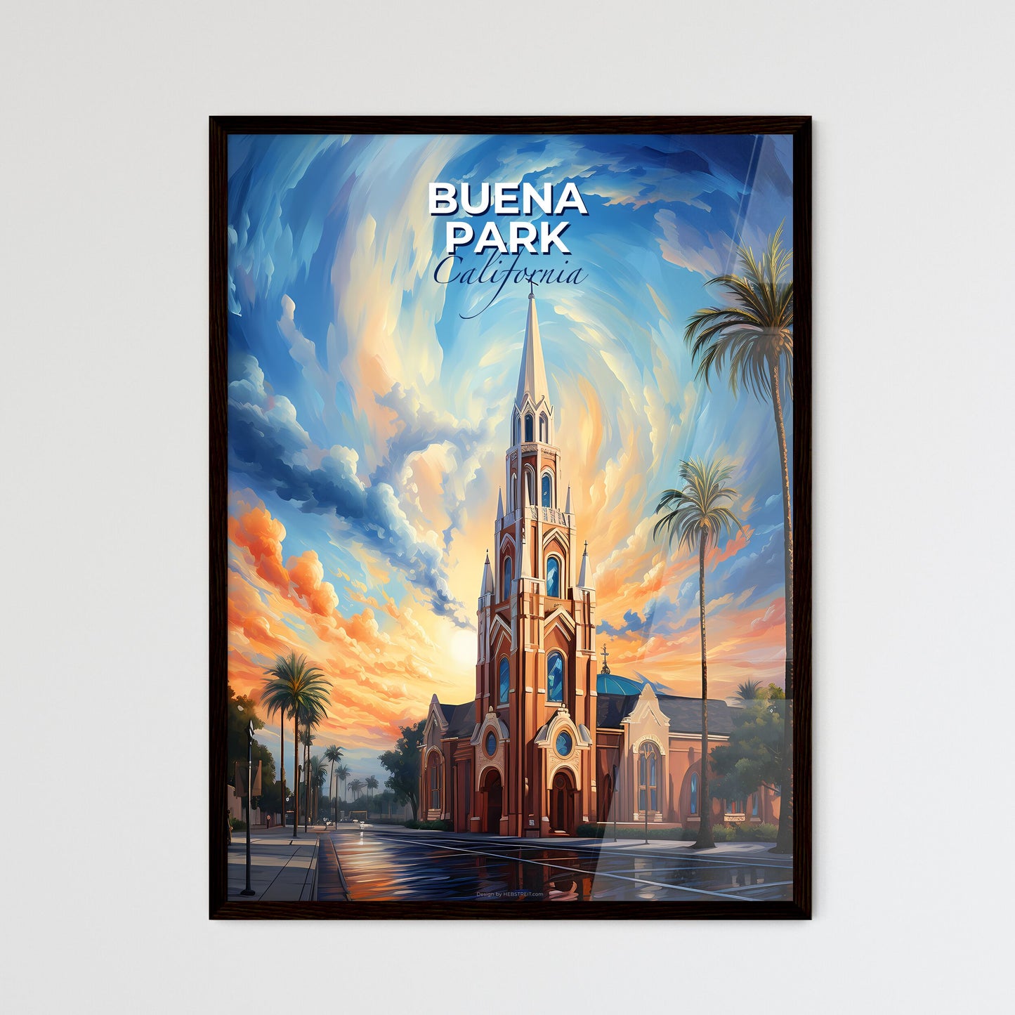 Buena Park, California, A Poster of a church with palm trees and a sunset sky Default Title