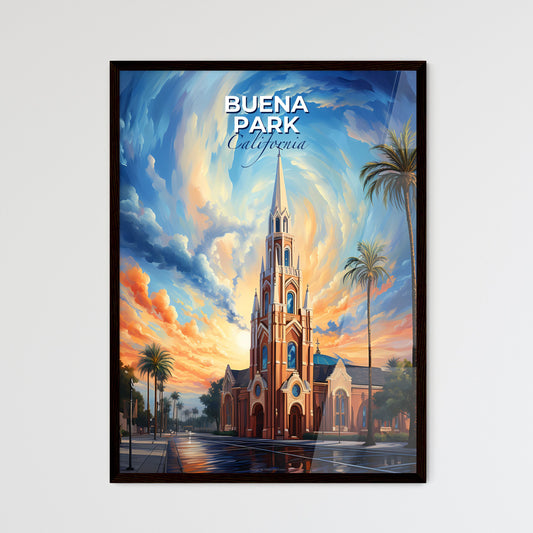 Buena Park, California, A Poster of a church with palm trees and a sunset sky Default Title