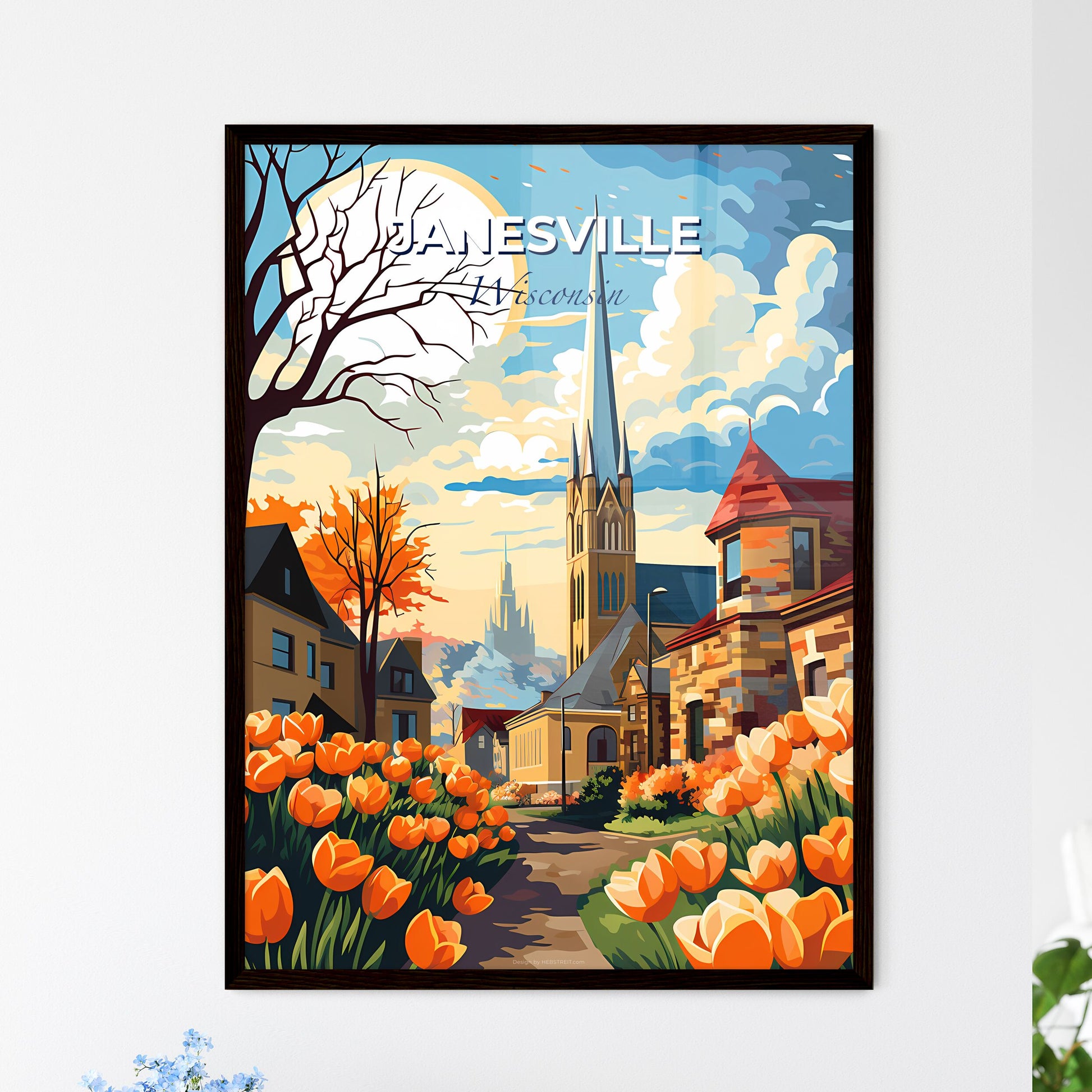Janesville, Wisconsin, A Poster of a painting of a church and tulips Default Title
