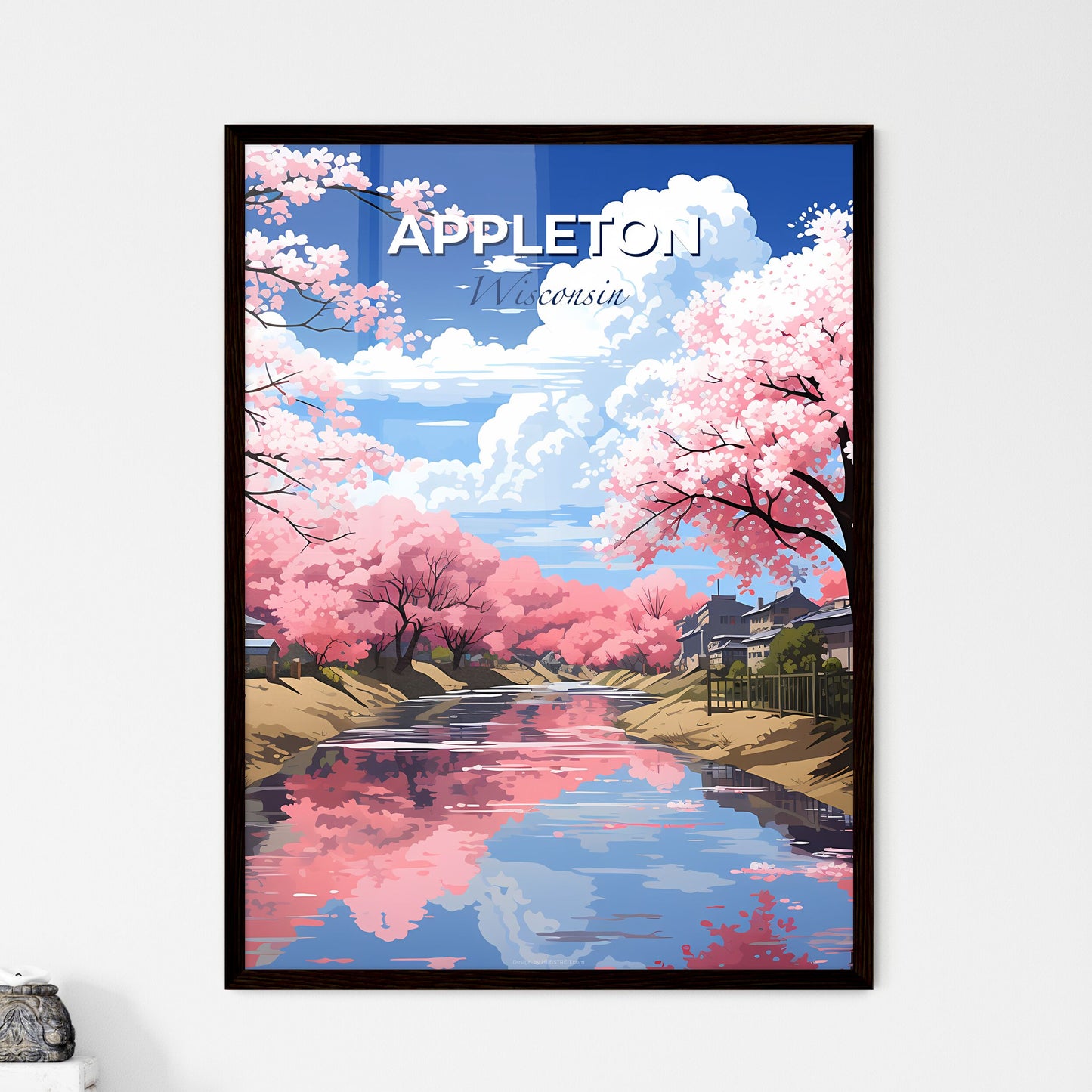 Appleton, Wisconsin, A Poster of a river with pink trees and houses Default Title