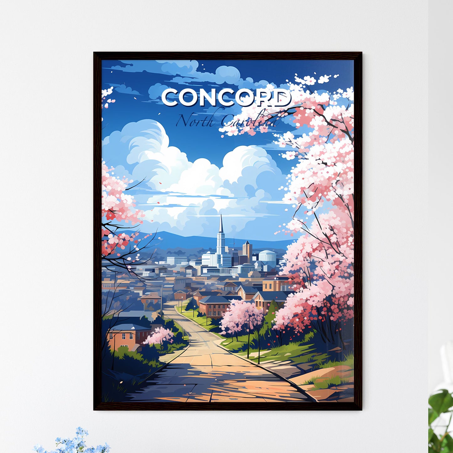 Concord, North Carolina, A Poster of a road with pink flowers and buildings in the background Default Title