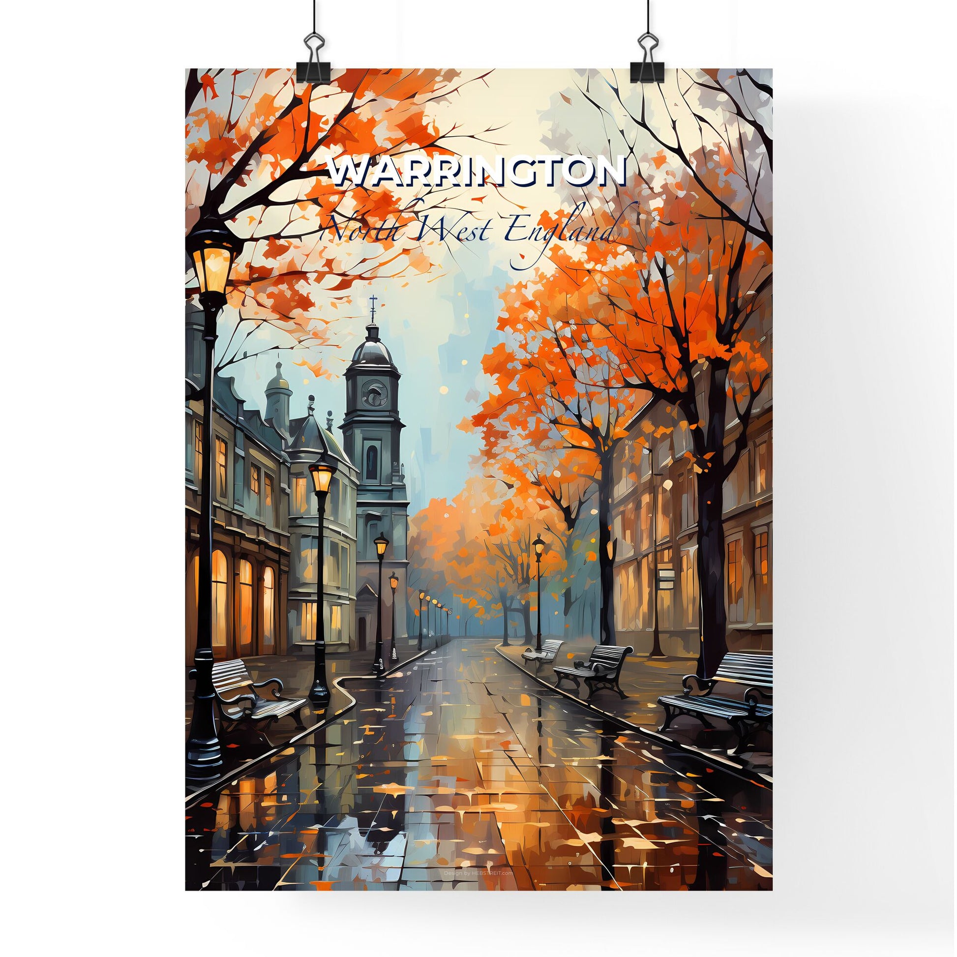 Warrington, North West England, A Poster of a street with benches and trees in front of a clock tower Default Title