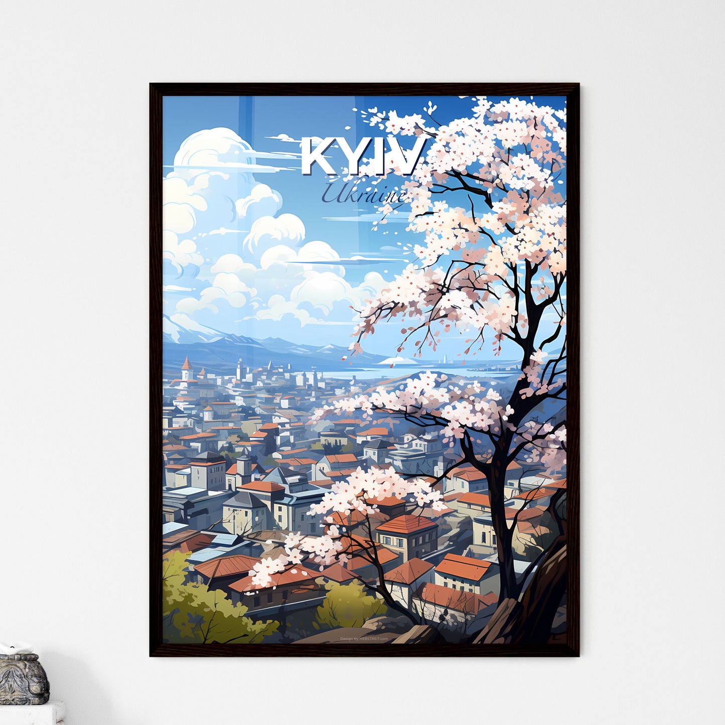 Kyiv, Ukraine, A Poster of a tree with white flowers in front of a city Default Title