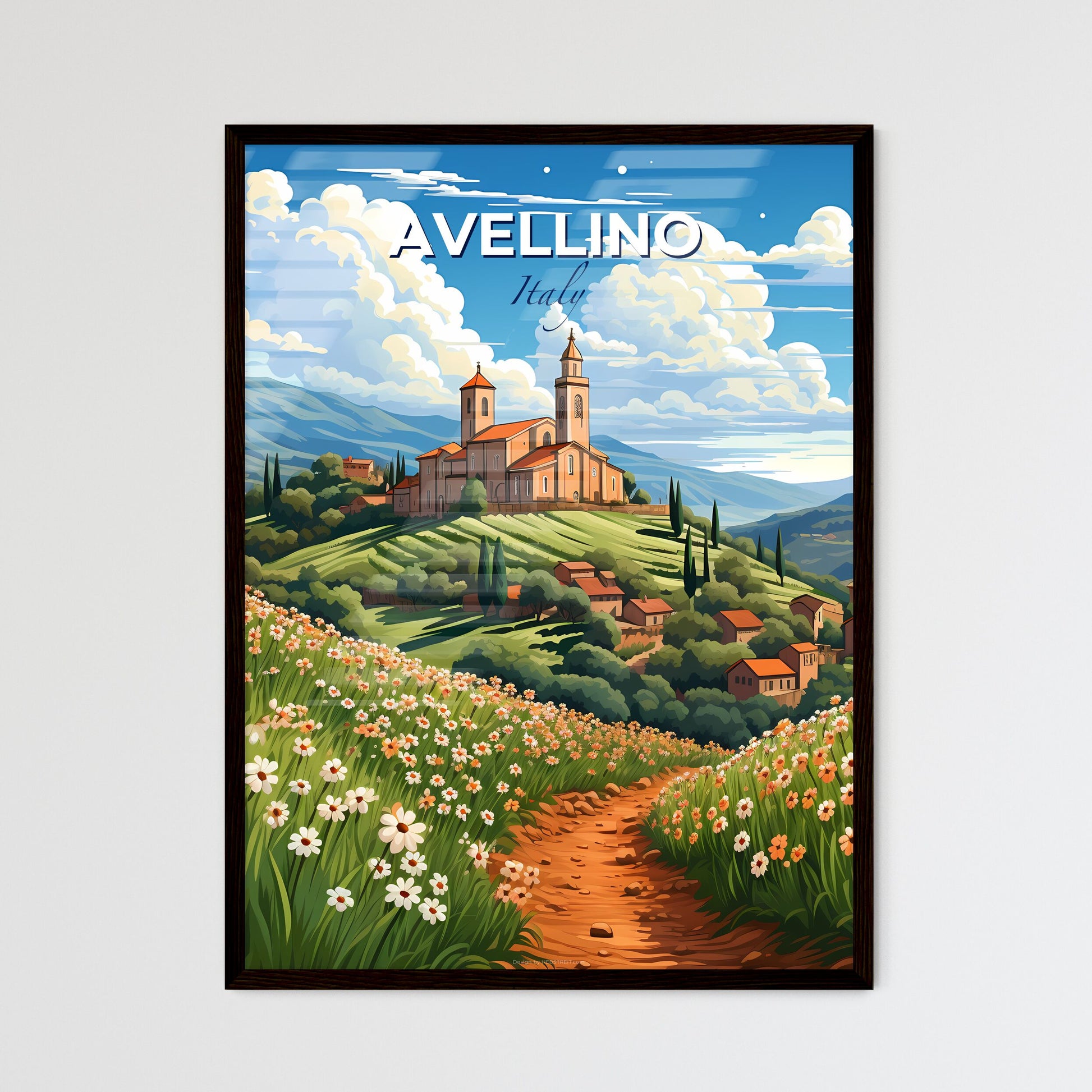 Avellino, Italy, A Poster of a landscape with a church and flowers Default Title