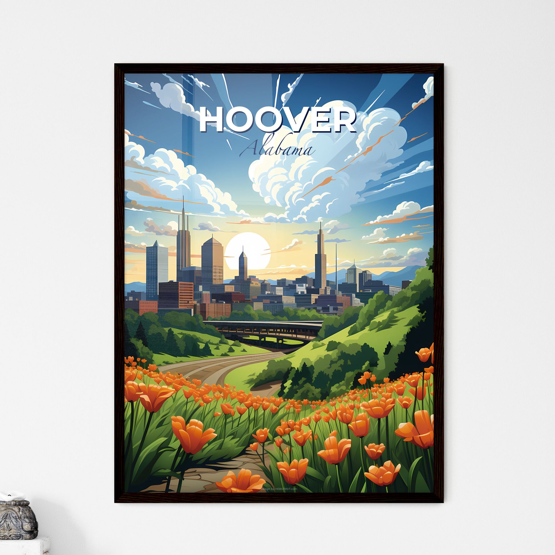Hoover, Alabama, A Poster of a landscape with orange flowers and a city in the background Default Title