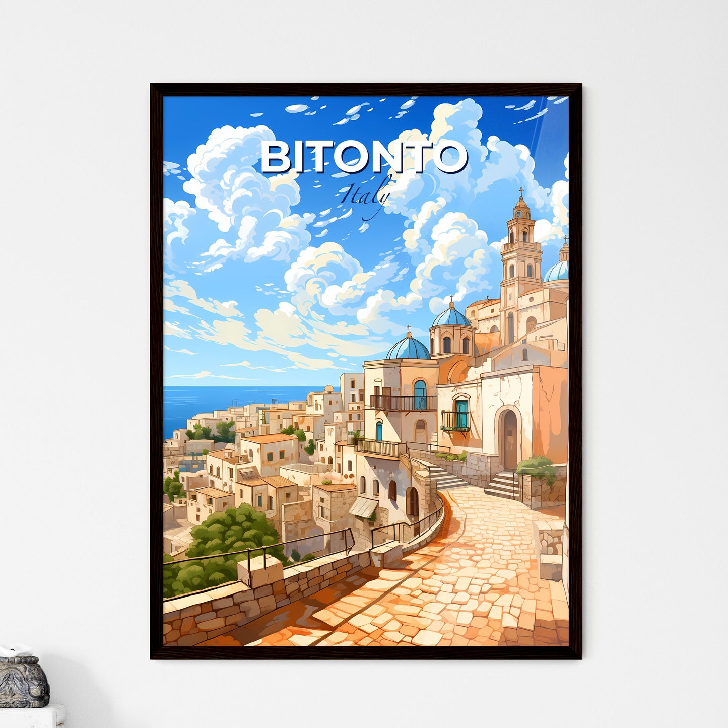 Bitonto, Italy, A Poster of a cartoon of a town by the ocean Default Title